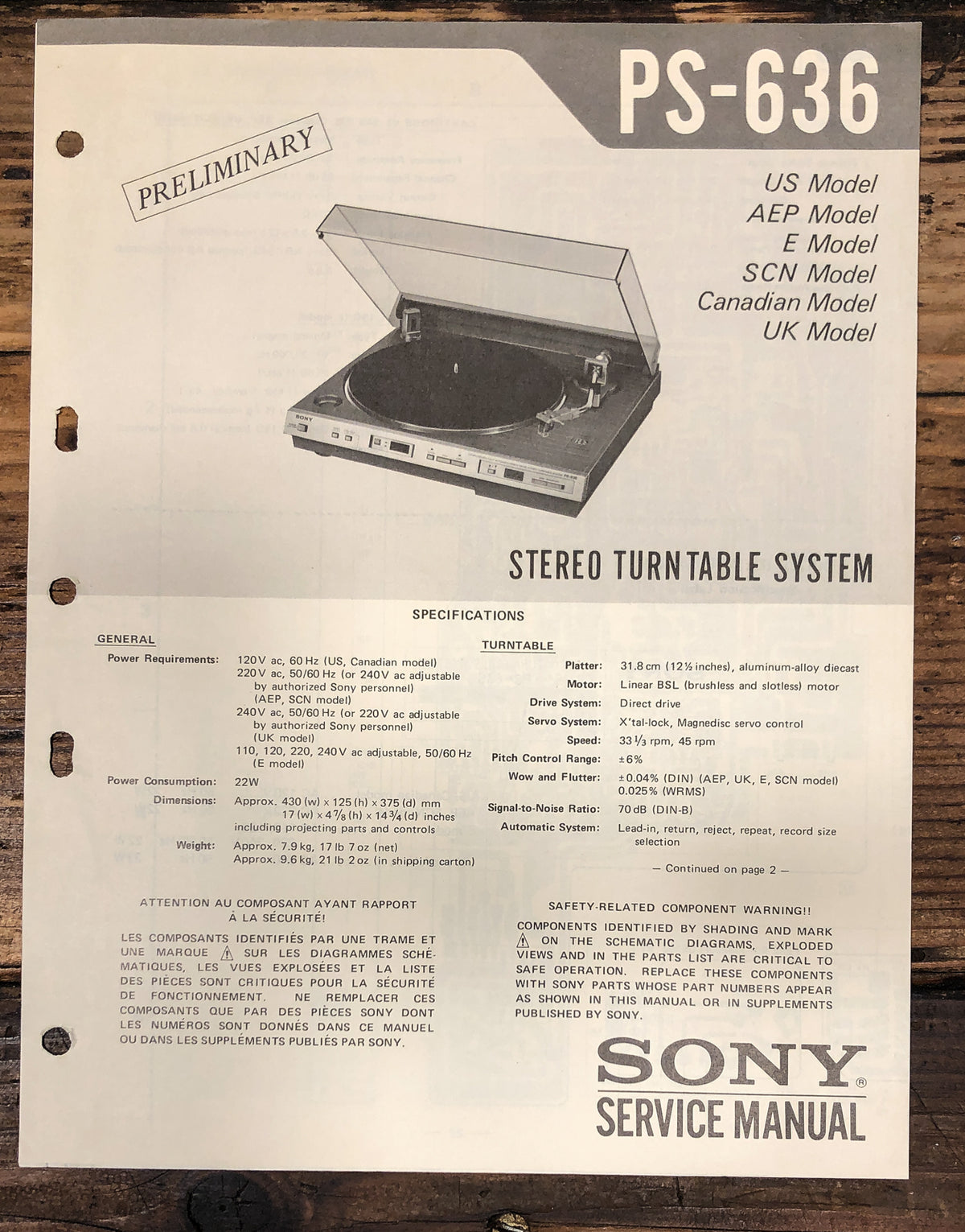 Sony PS-636 Record Player / Turntable Prelim.Service Manual *Original*