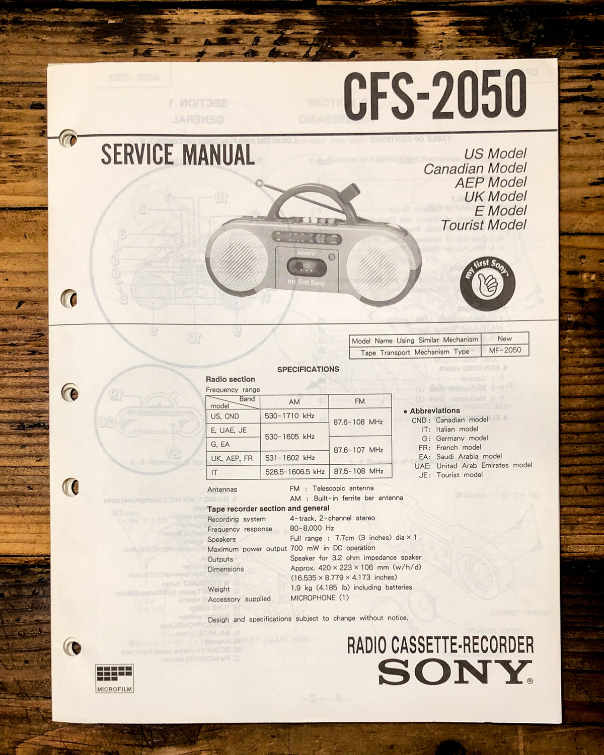 Sony CFS-2050 Radio / Stereo Service Manual *Original*
