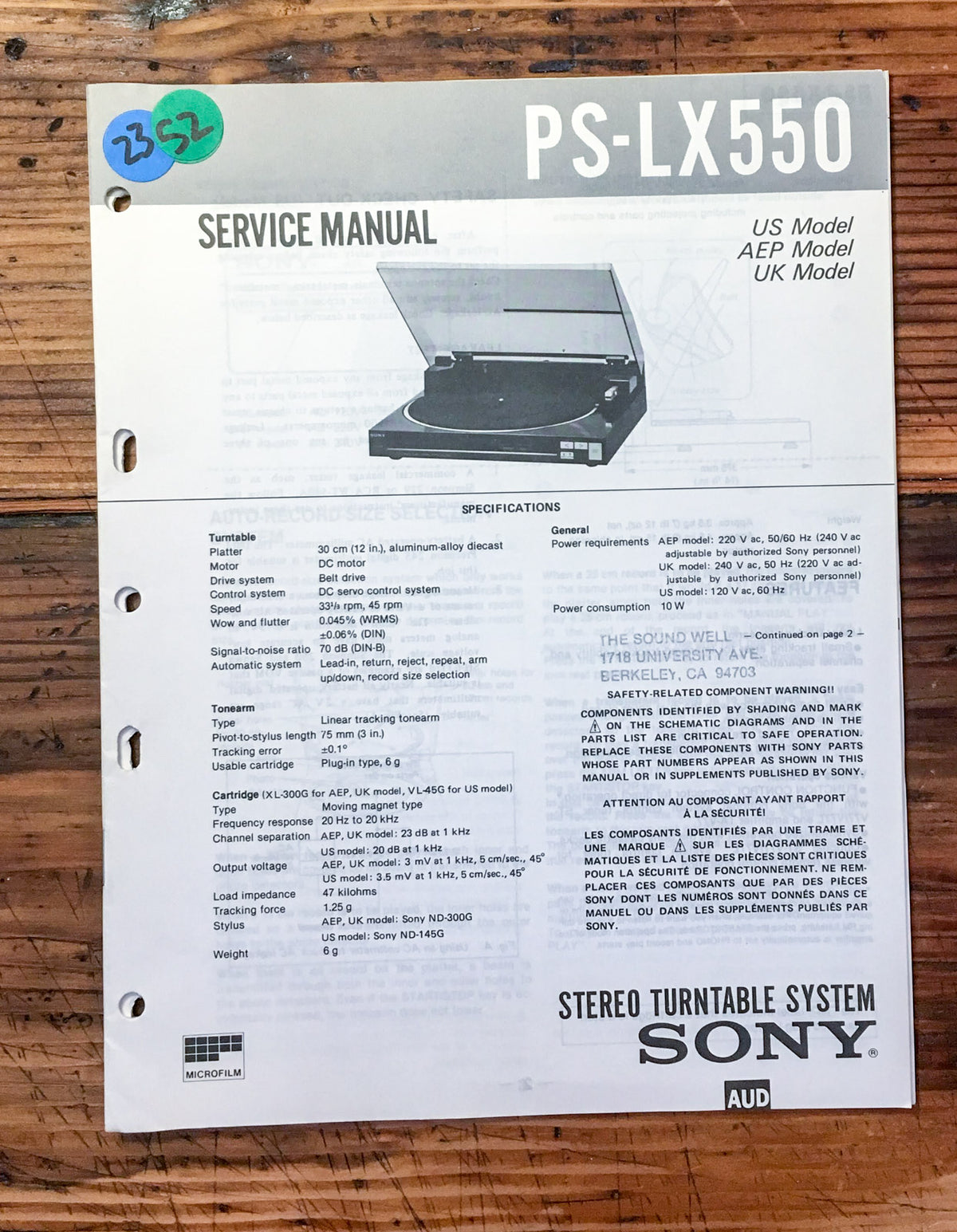 Sony PS-LX550 Record Player / Turntable Service Manual *Original*