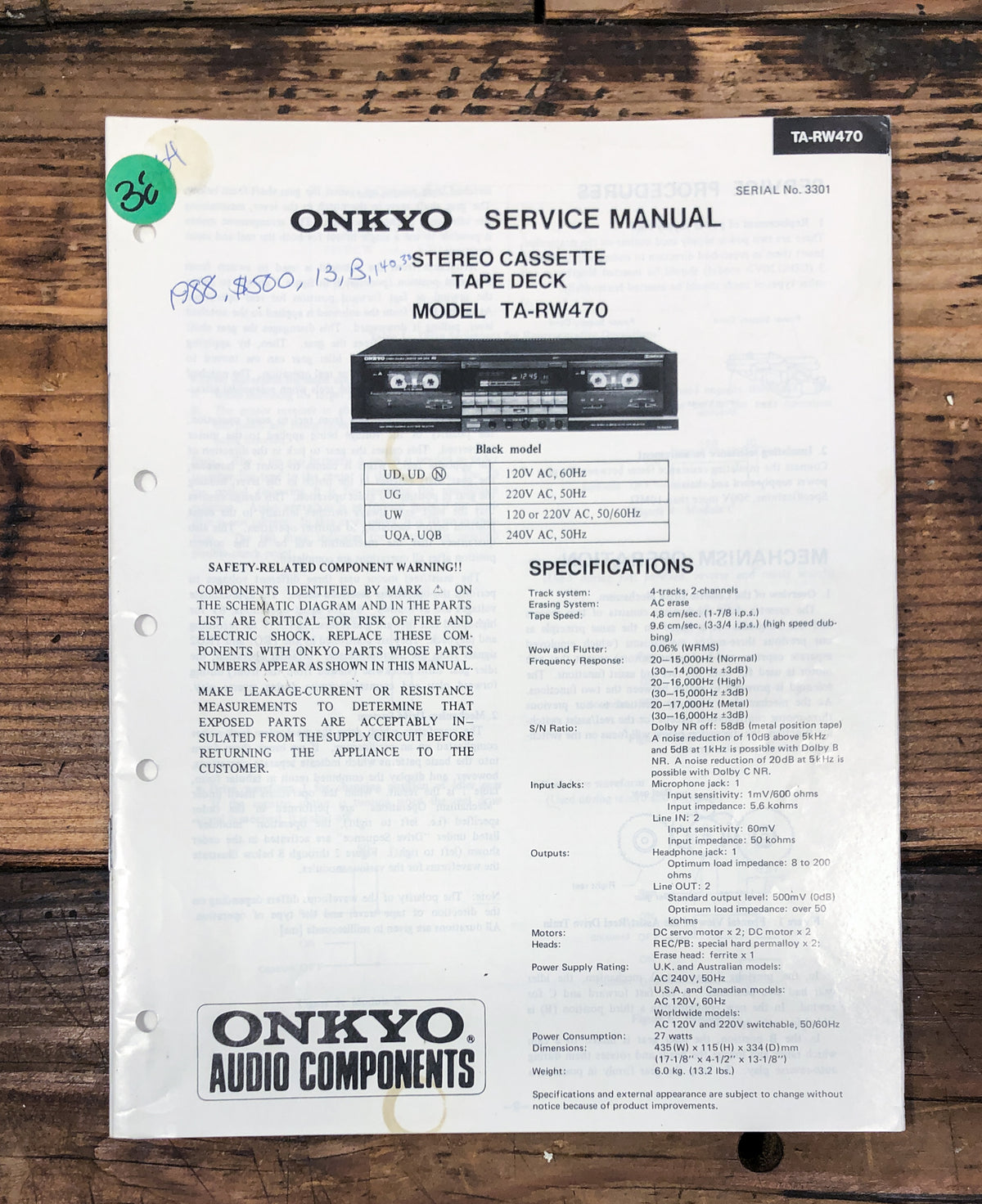 Onkyo TA-RW470 Cassette Service Manual *Original*