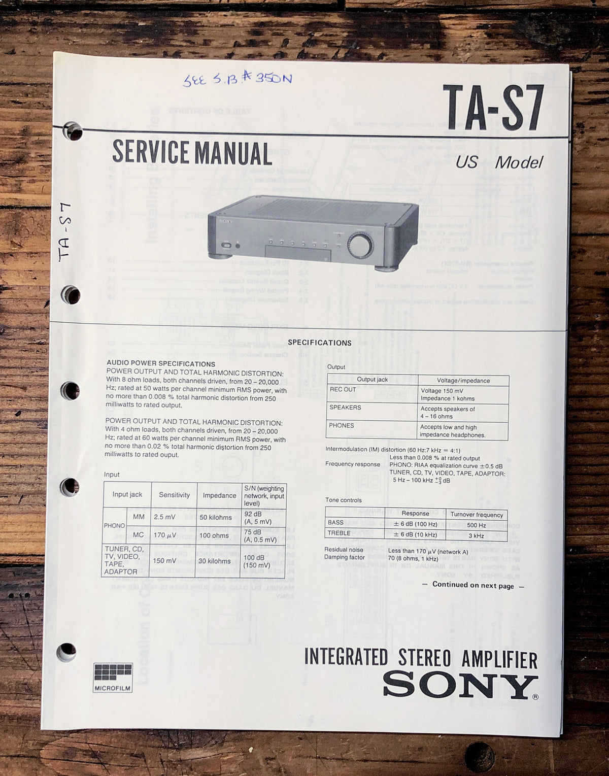 Sony TA-S7 Amplifier Service Manual *Original*