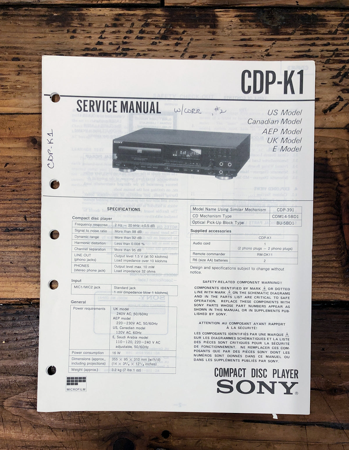 Sony CDP-K1 CD Player Service Manual *Original*