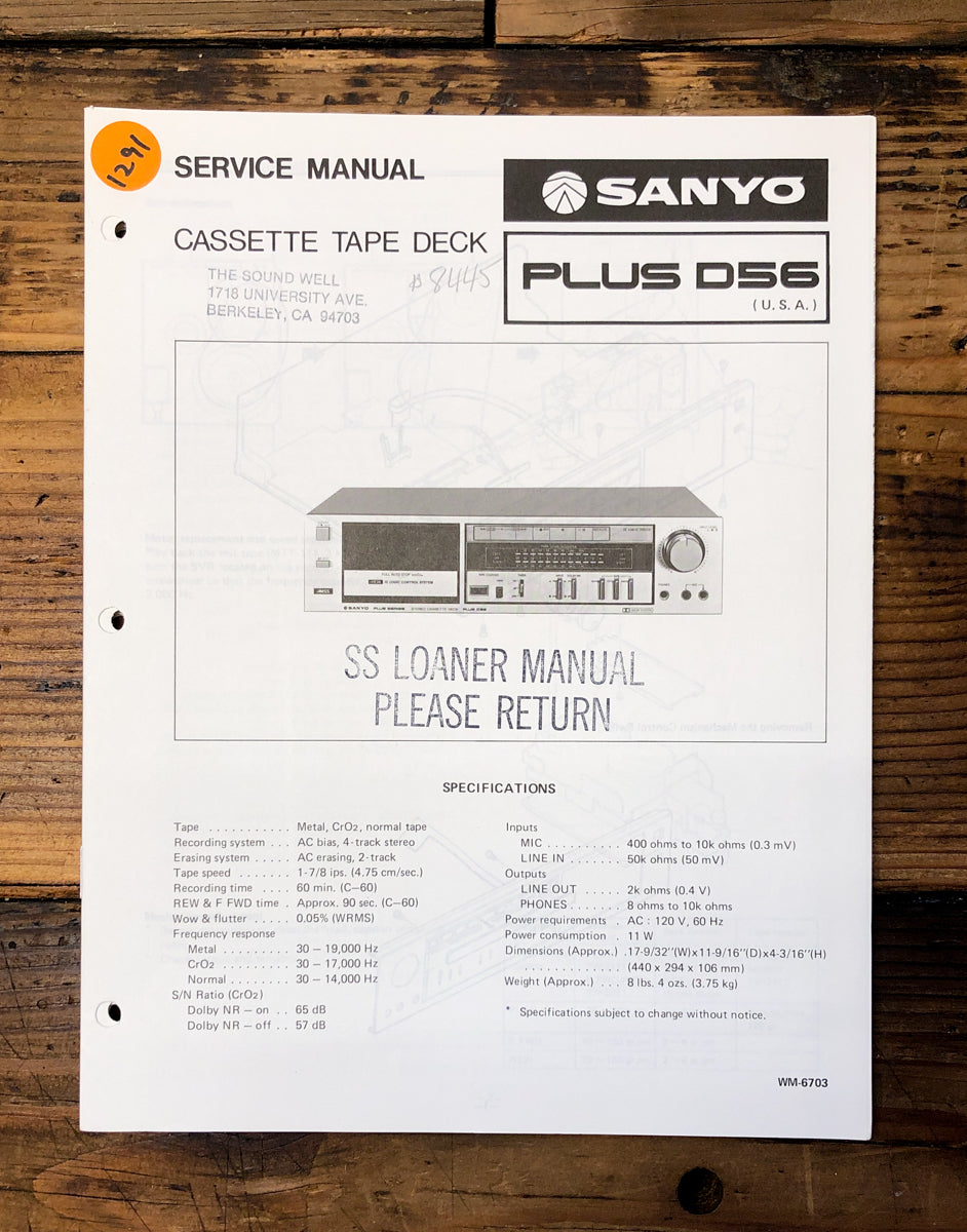 Sanyo PLUS D56 Cassette Service Manual *Original*