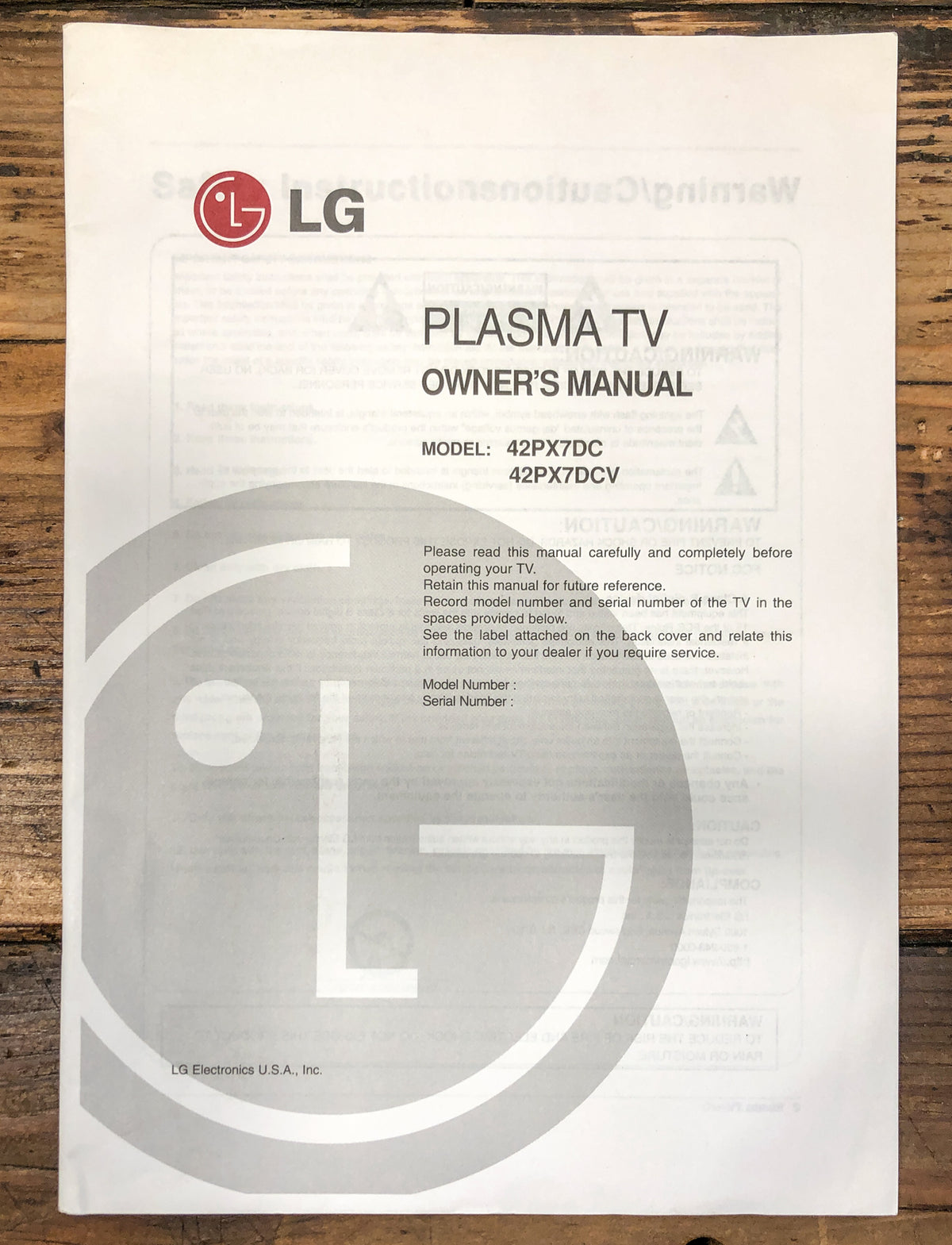 LG 42PX7DC 42PX7DCB Plasma TV Owners / User Manual *Original*