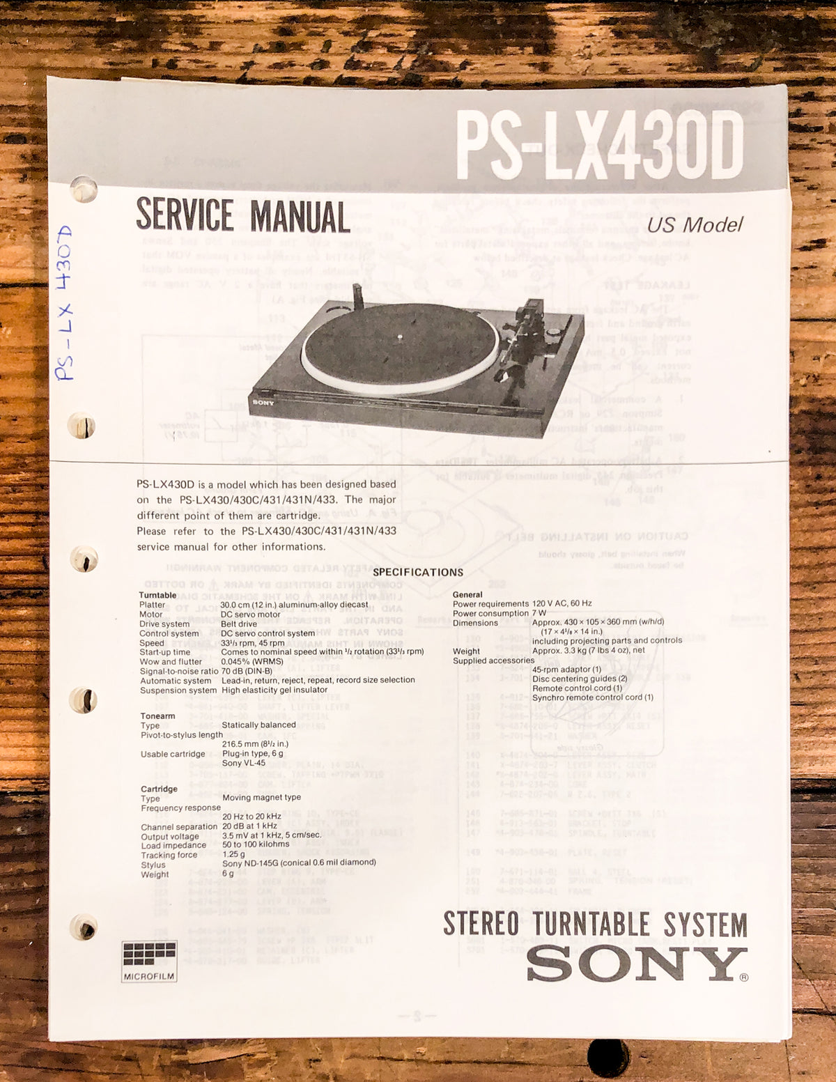 Sony PS-LX430D Record Player / Turntable Service Manual *Original*