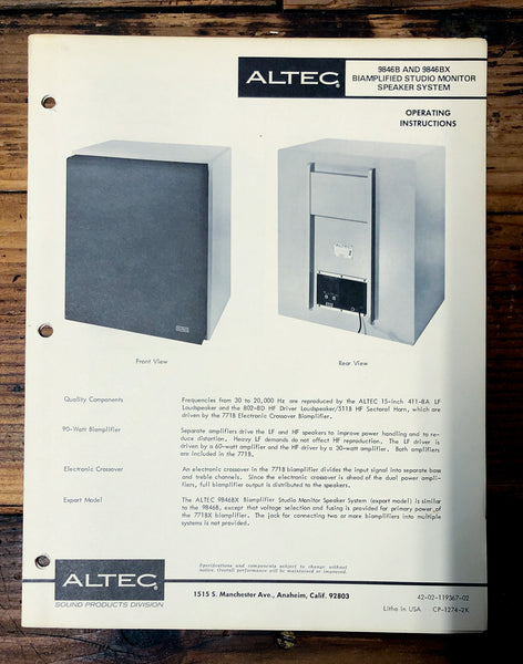Altec Model 9846B 9846BX Speaker  Owners Manual & Schematic *Orig*