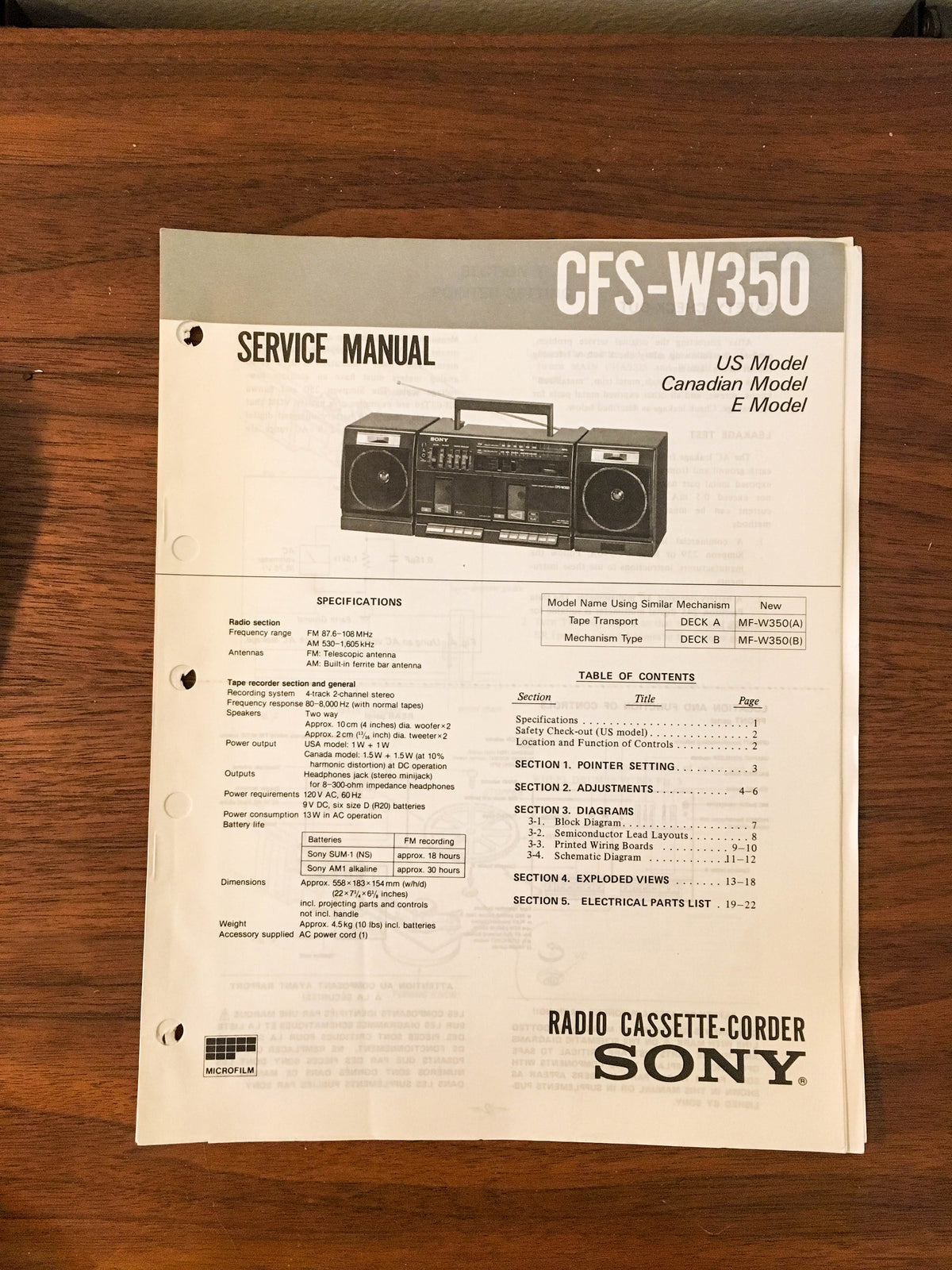 Sony CFS-W350 RADIO CASSETTE Service Manual *Original*