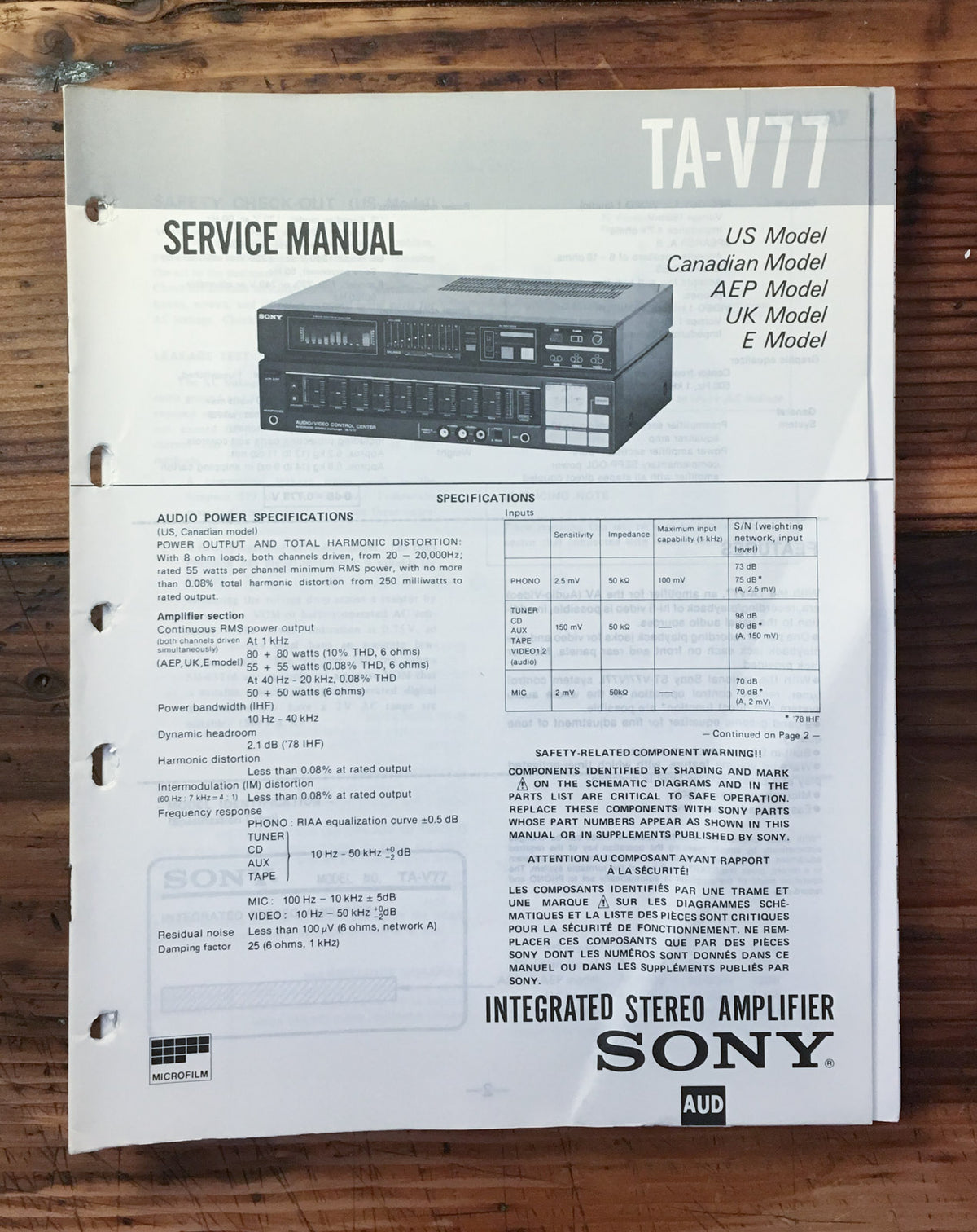 Sony TA-V77 Amplifier Service Manual *Original*
