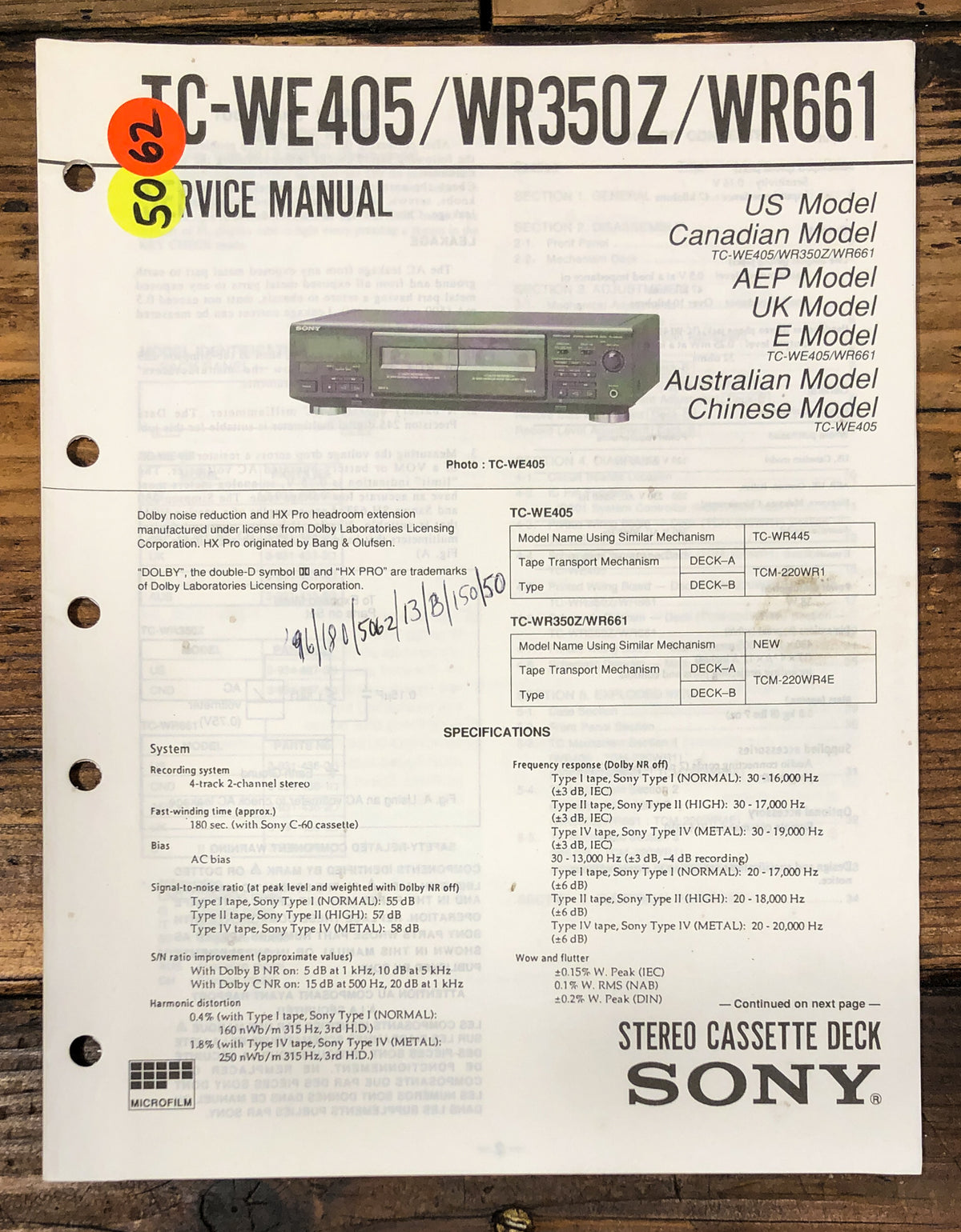 Sony TC-WE405 -WR350Z -WR661 Cassette Service Manual *Original*