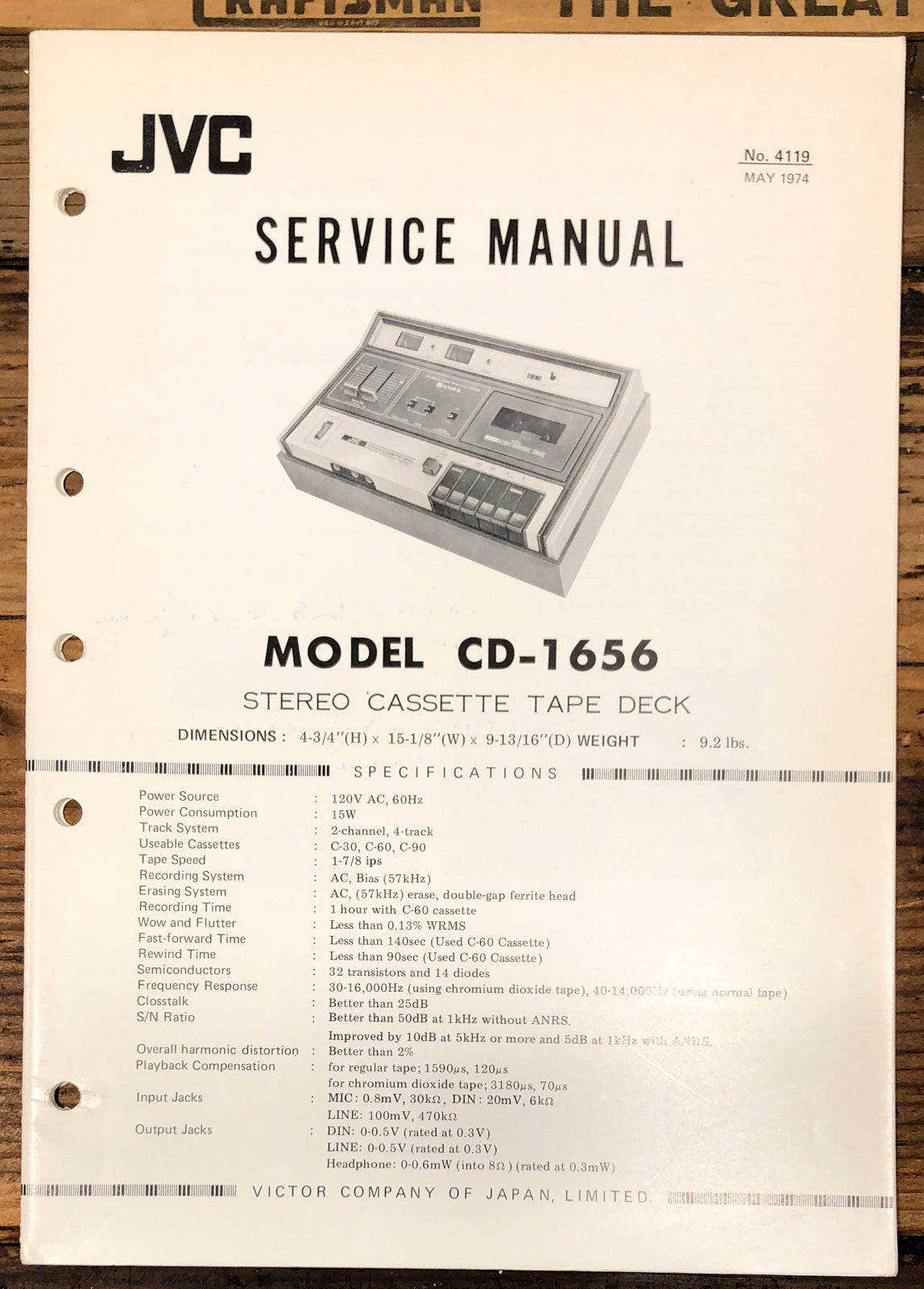 JVC CD-1656 Cassette Service Manual *Original*