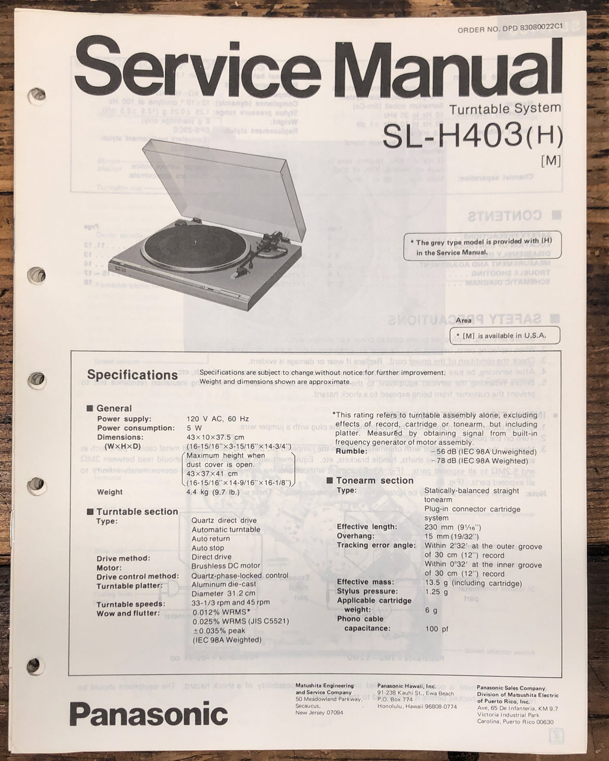 Technics / Panasonic SL-H403 Turntable Service Manual *Original*