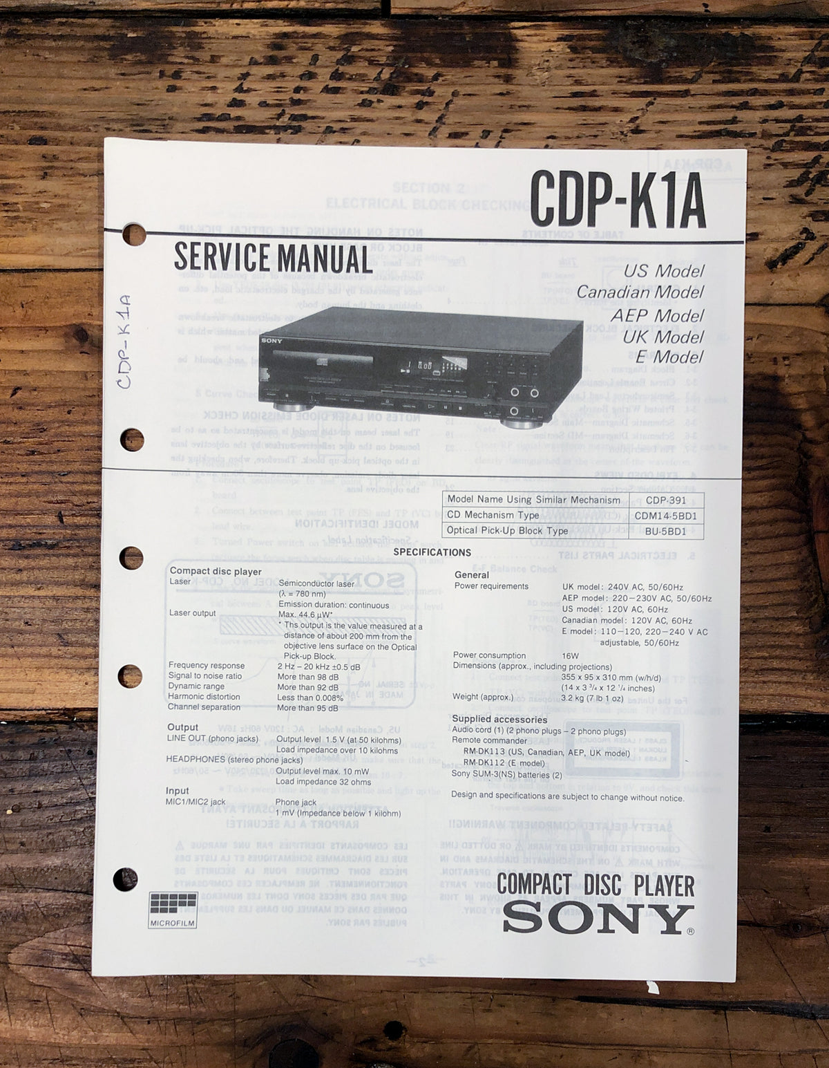Sony CDP-K1A CD Player Service Manual *Original*