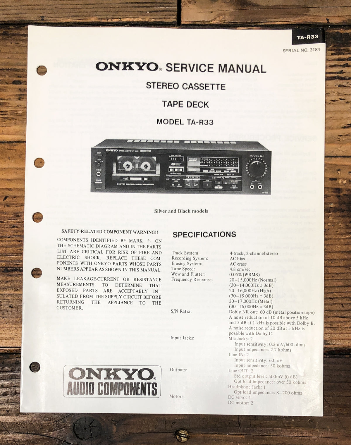 Onkyo TA-R33 Cassette Service Manual *Original*