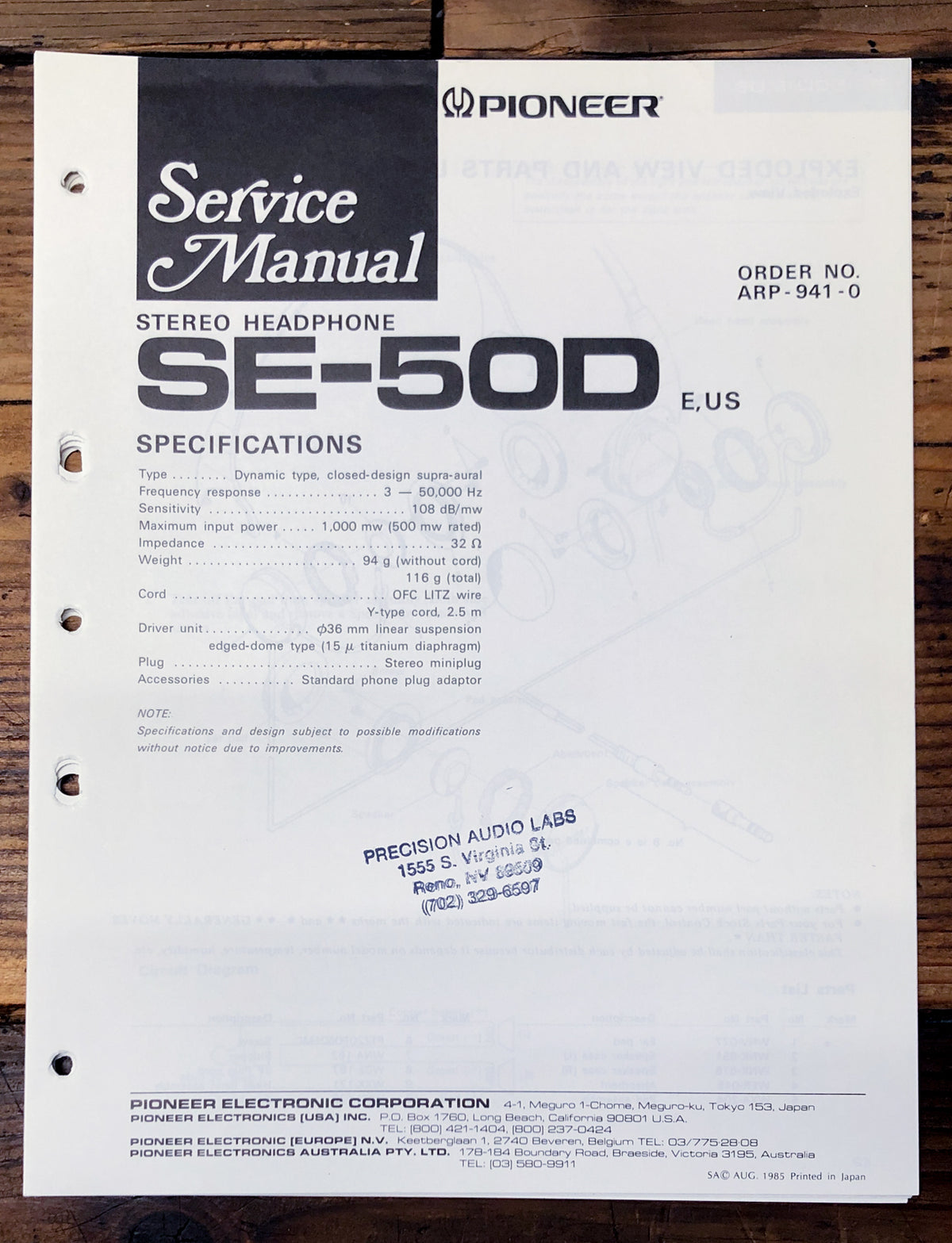 Pioneer SE-50D Headphones Service Manual *Original*