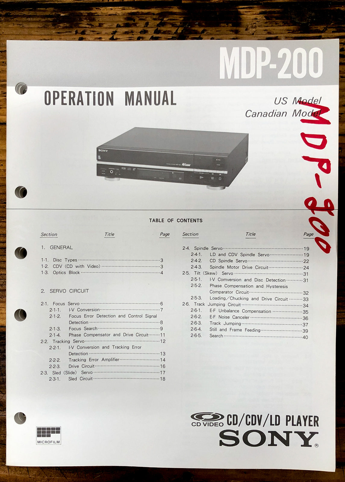 Sony MDP-200 CD CDV LD Player Service Manual *Original*