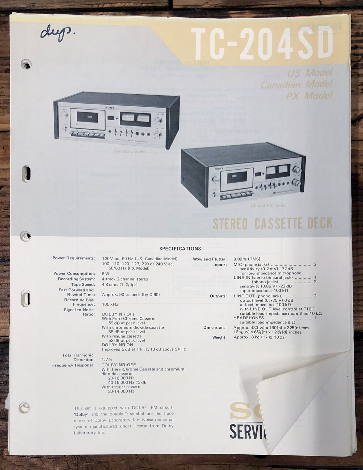 Sony TC-204SD Cassette Service Manual *Original*