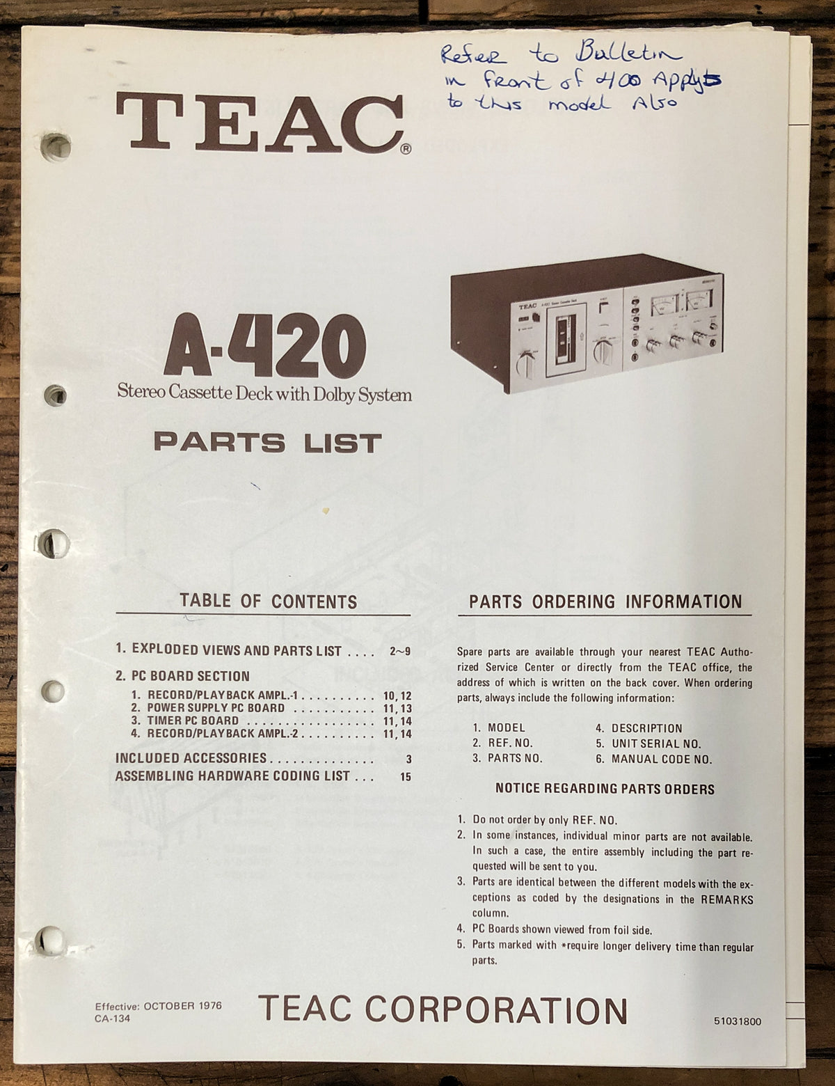 Teac A-420 Cassette Parts List Manual *Original*