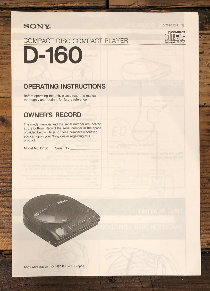 Sony D-160 CD Player Owners / User Manual *Original*