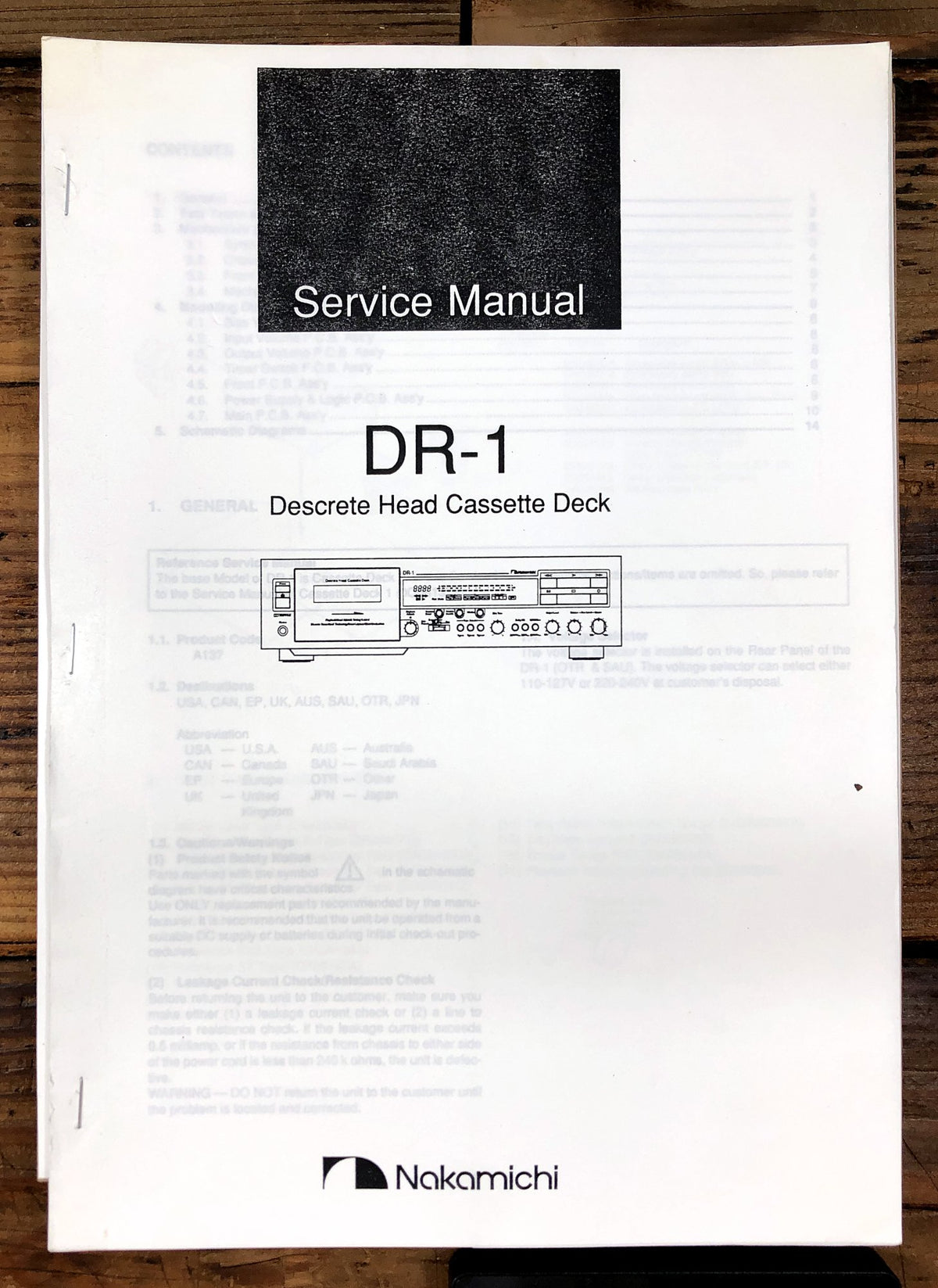 Nakamichi DR-1 Discrete Head Cassette Deck Service Manual *Original*