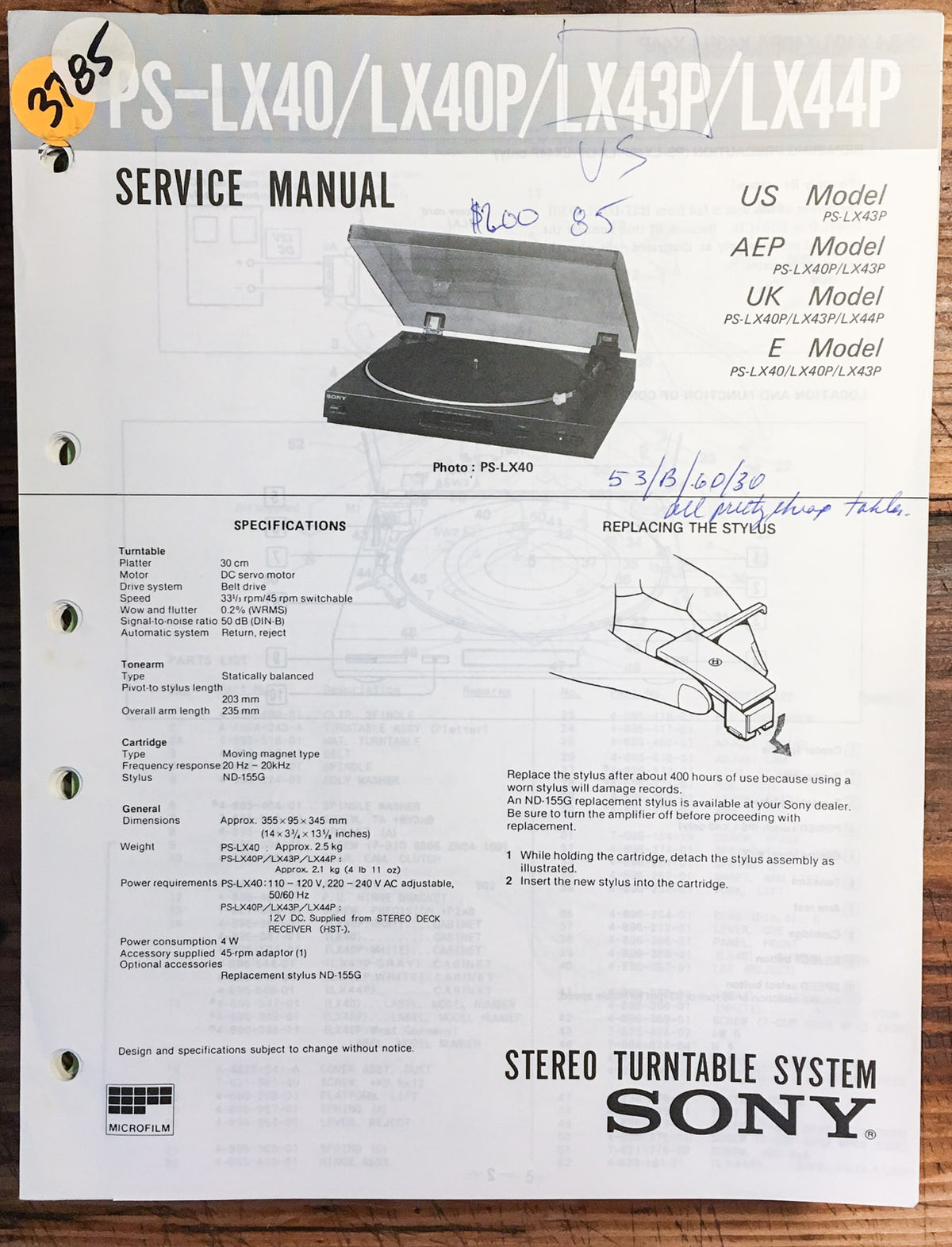 Sony PS-LX40 -LX40P -LX43P -LX44P Turntable Service Manual *Original*