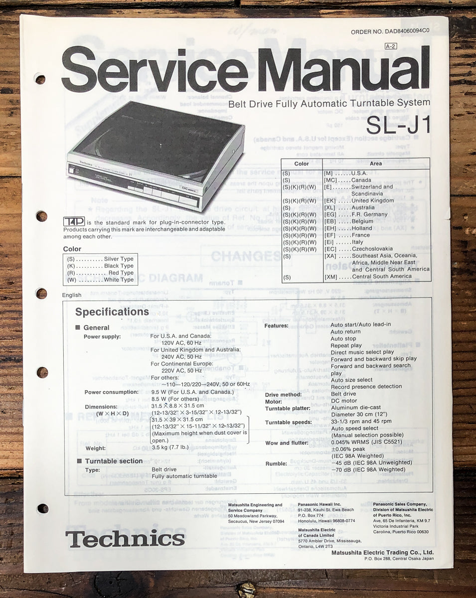 Technics SL-J1 Record Player / Turntable Service Manual *Original*