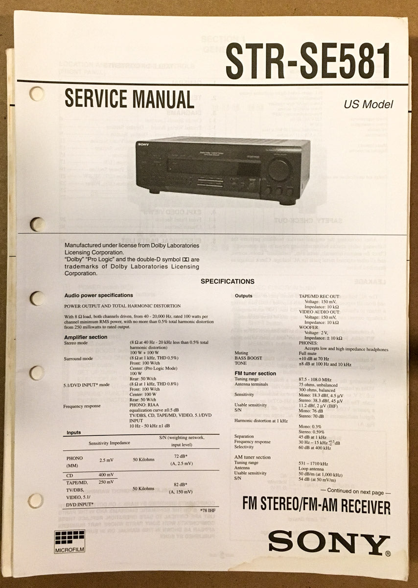 Sony STR-SE581 Receiver Service Manual *Original*