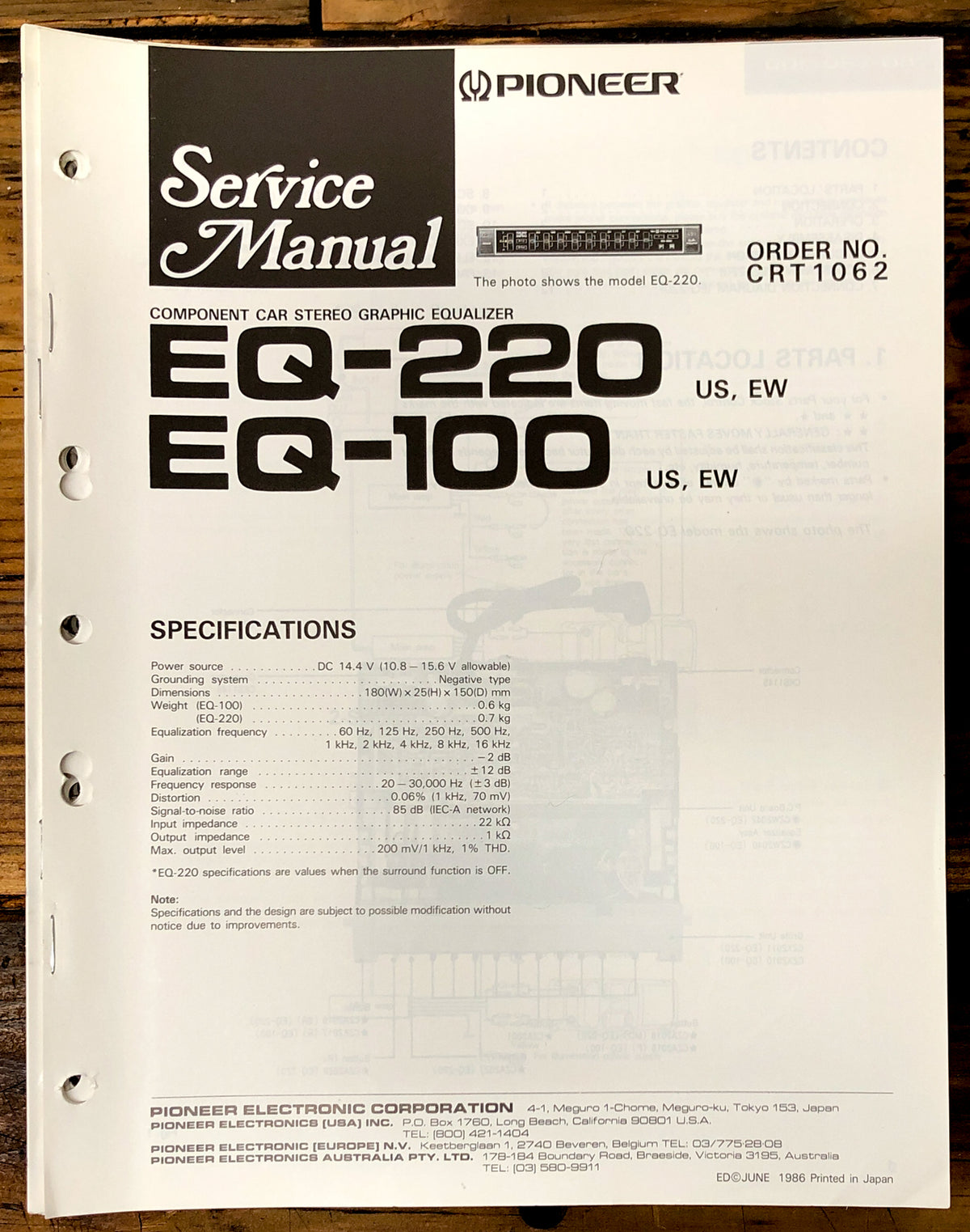 Pioneer EQ-220 EQ-100 Equalizer Service Manual *Original*