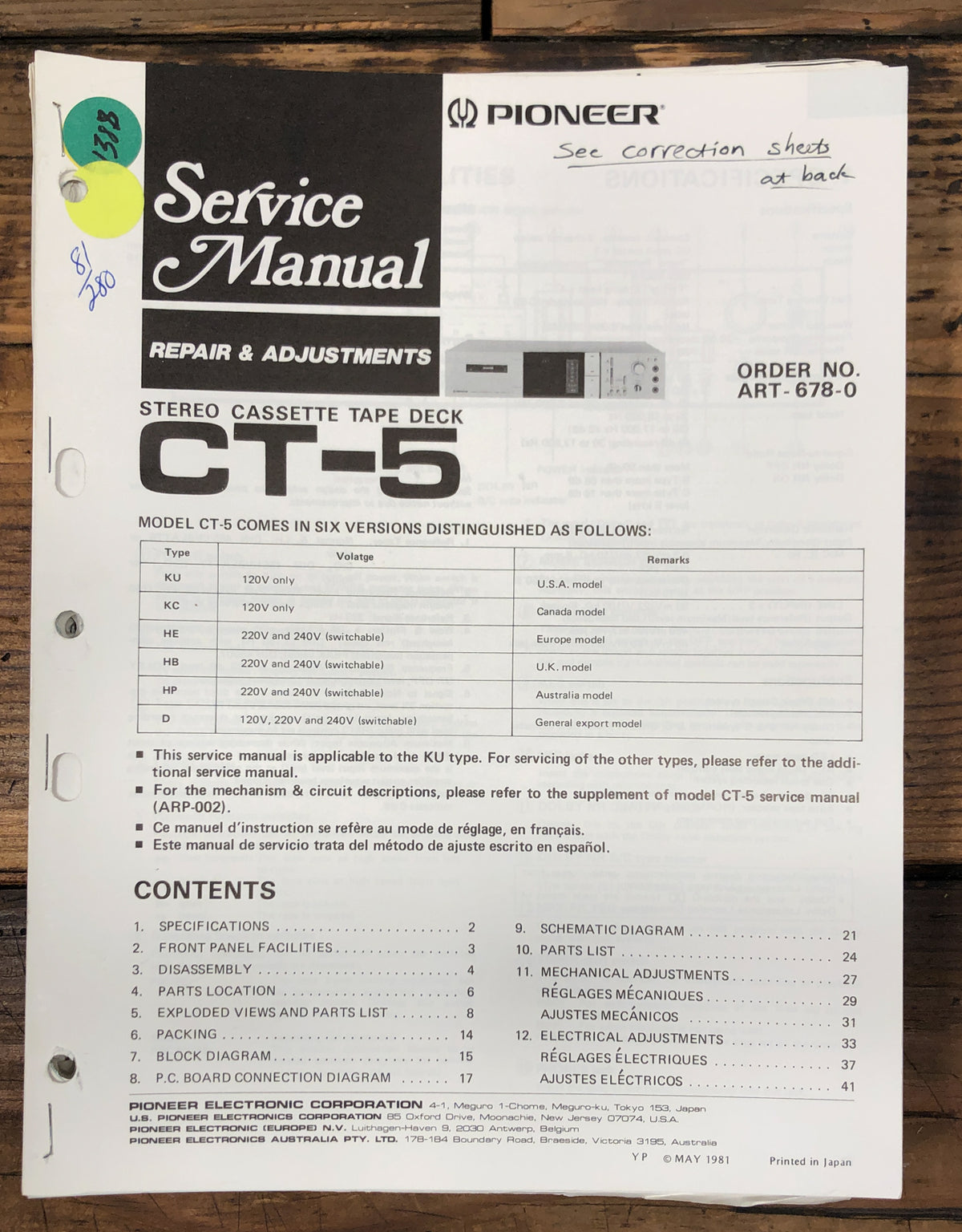 Pioneer CT-5 Cassette Service Manual *Original*