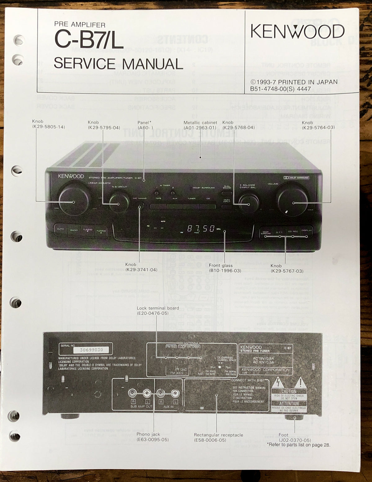 Kenwood C-B7 C-B7L Preamp / Tuner Service Manual *Original*