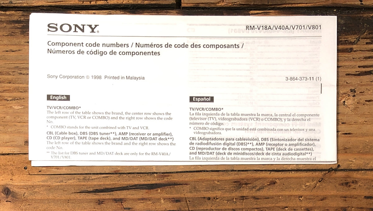 Sony RM-V18A -V40A -V701 -V801 TV Code Manual Owners / User Manual *Original*