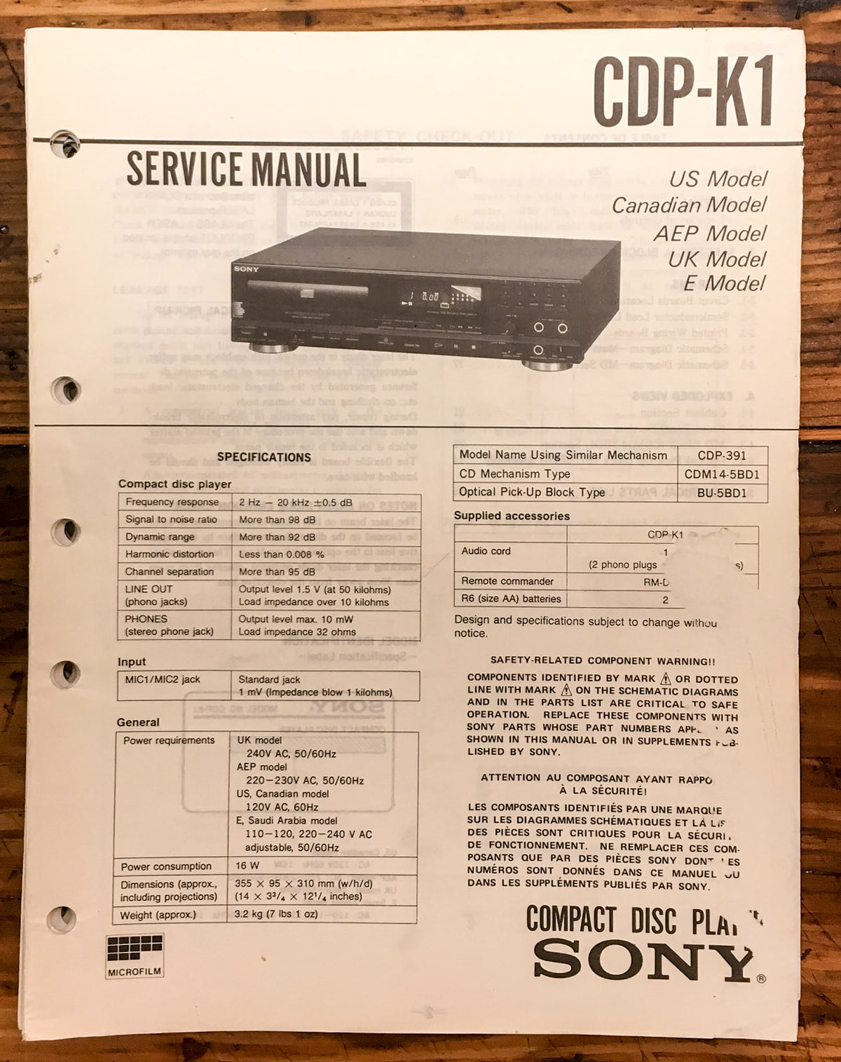 Sony CDP-K1 CD Player Service Manual *Original*