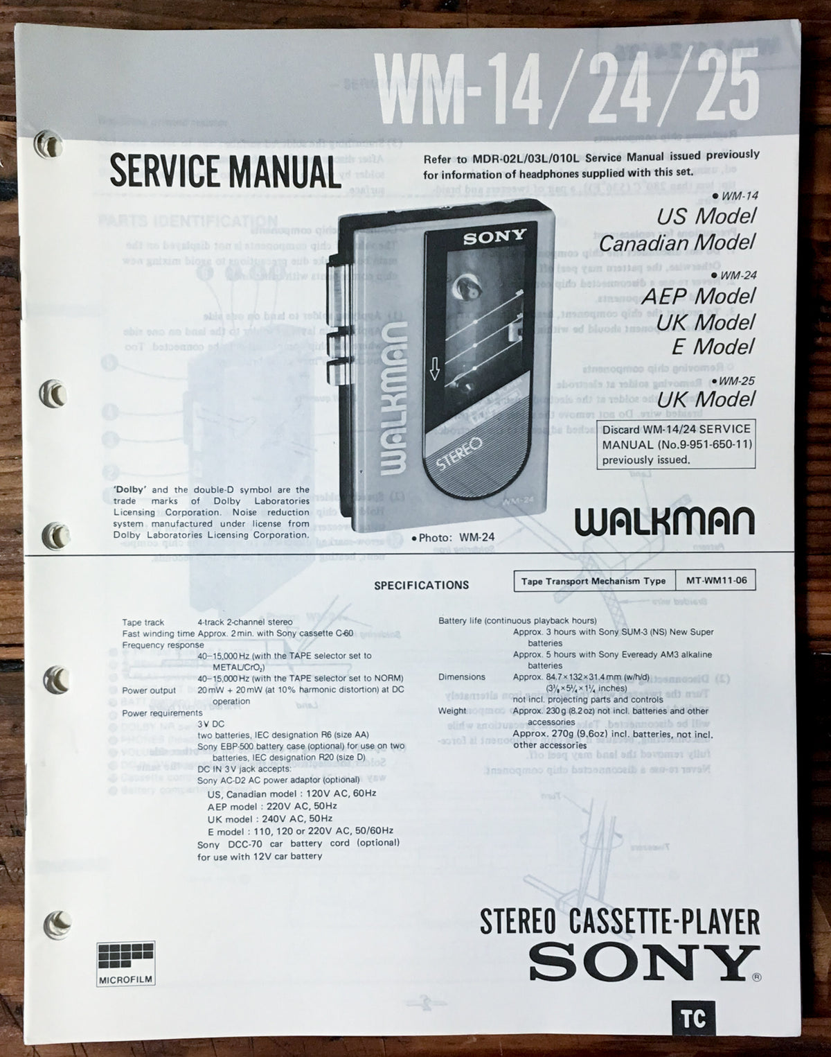 Sony WM-14 WM-24 WM-25 Cassette Service Manual *Original*
