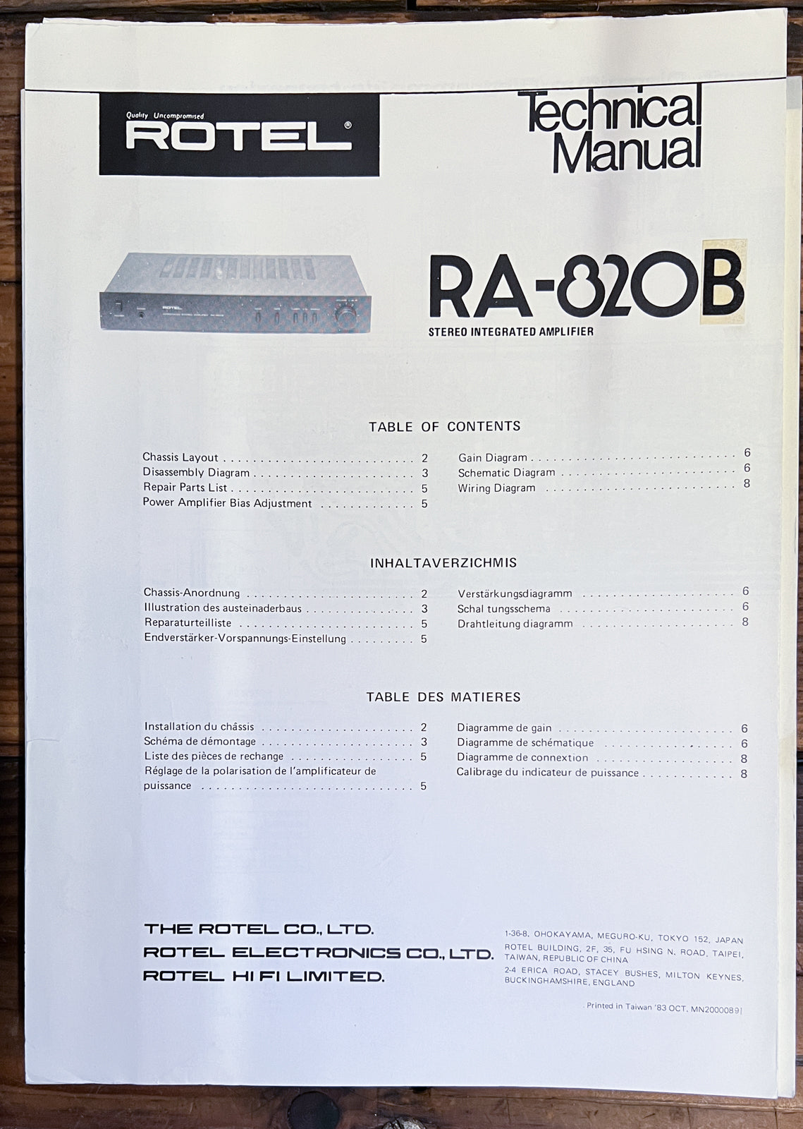 Rotel RA-820B Amplifier Service Manual *Original*