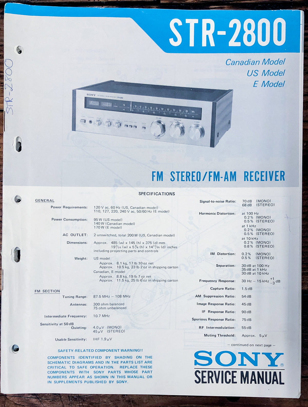 Sony STR-2800 Receiver Service Manual *Original*