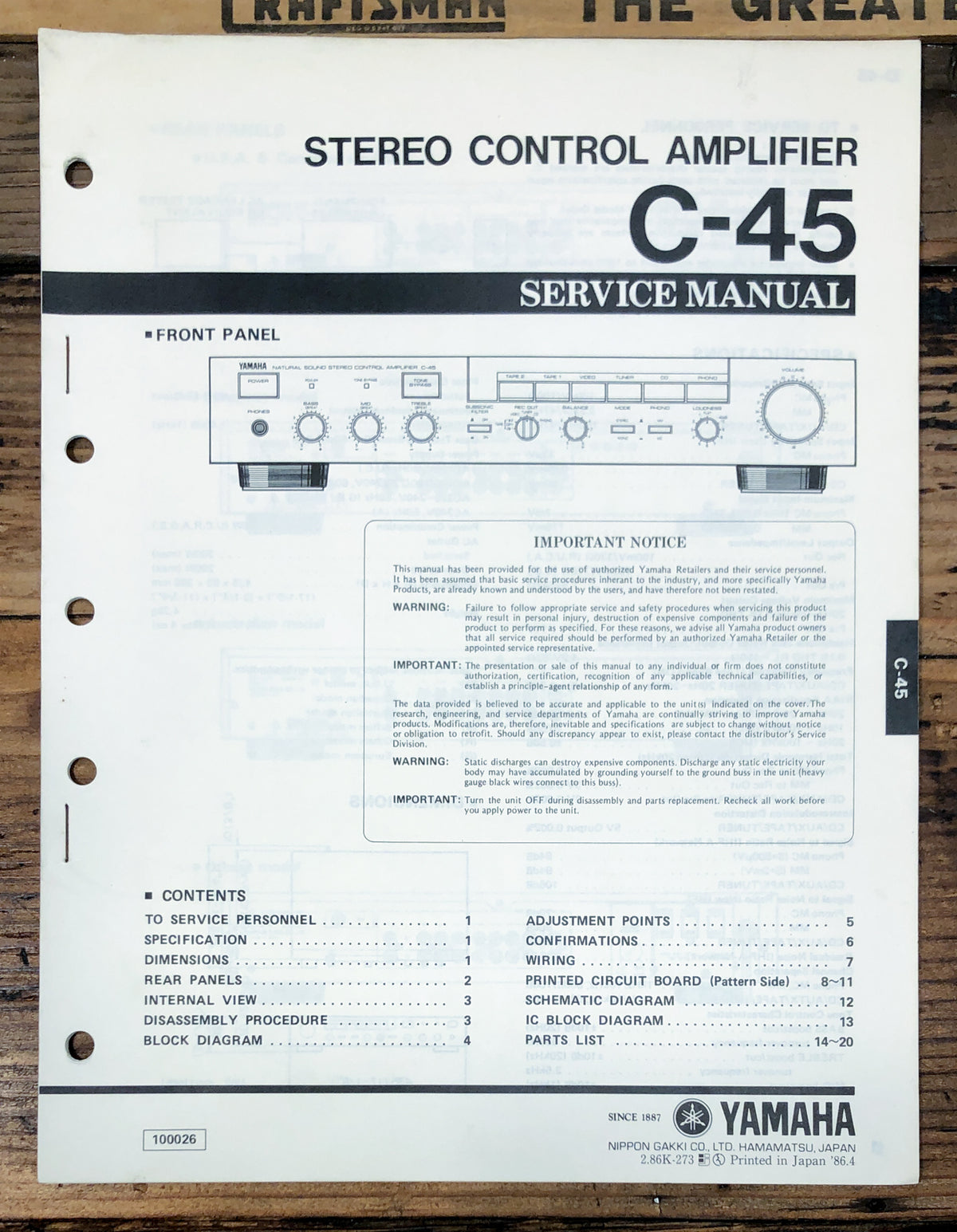 Yamaha C-45 Preamp / Preamplifier Service Manual *Original*