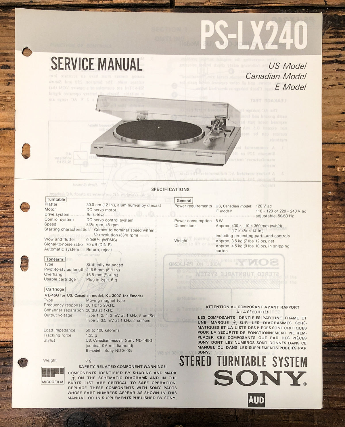 Sony PS-LX240 Record Player / Turntable Service Manual *Original*