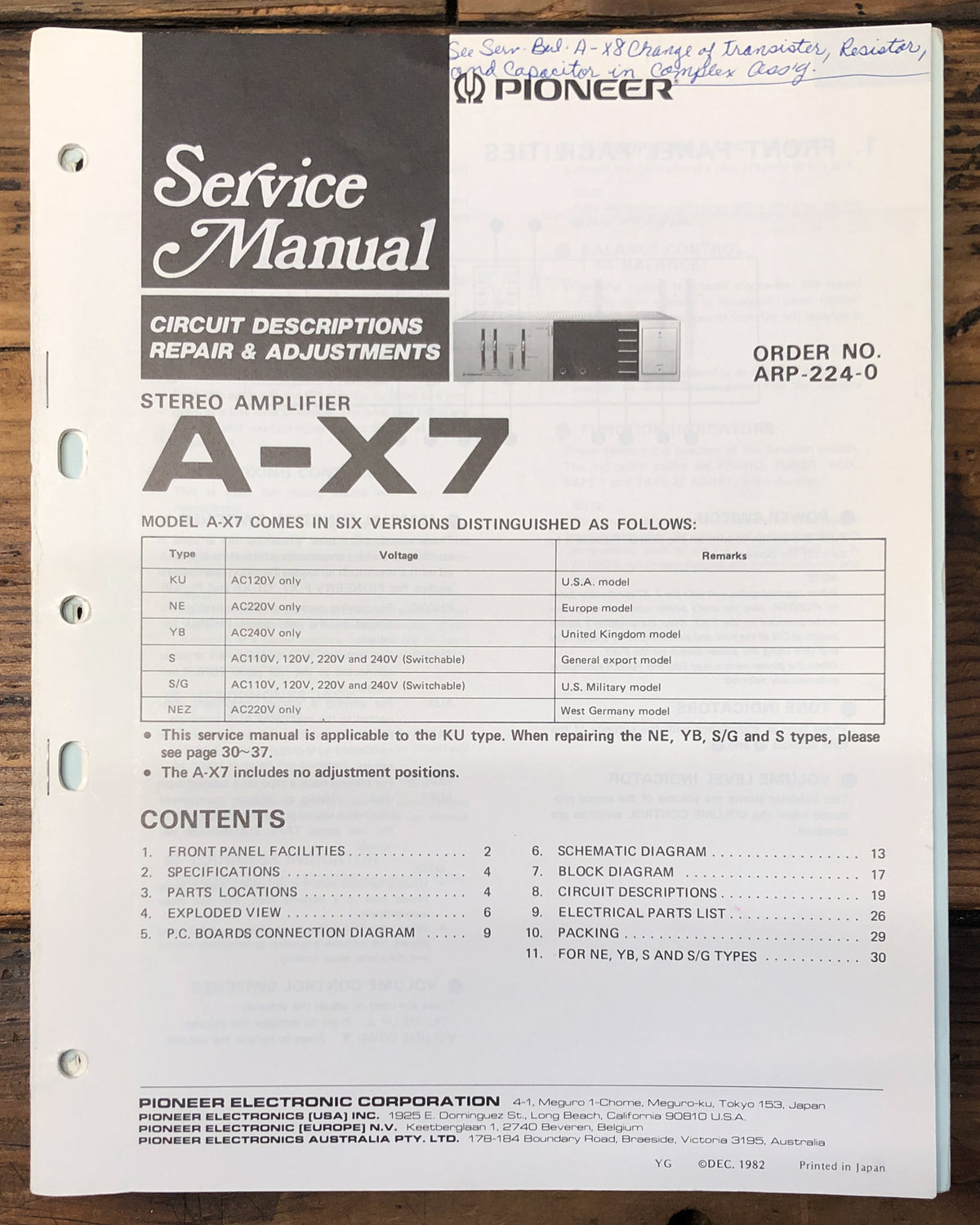 Pioneer A-X7 Amplifier Service Manual *Original*