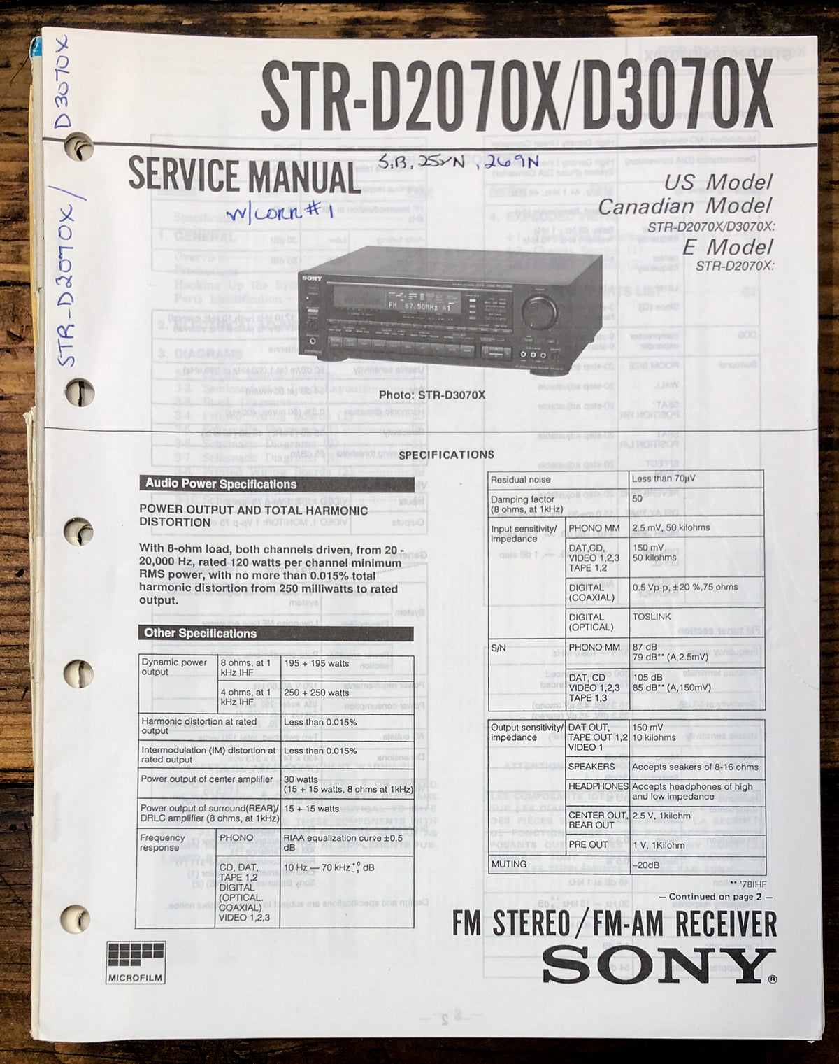 Sony STR-D2070X STR-D3070X Receiver Service Manual *Original*