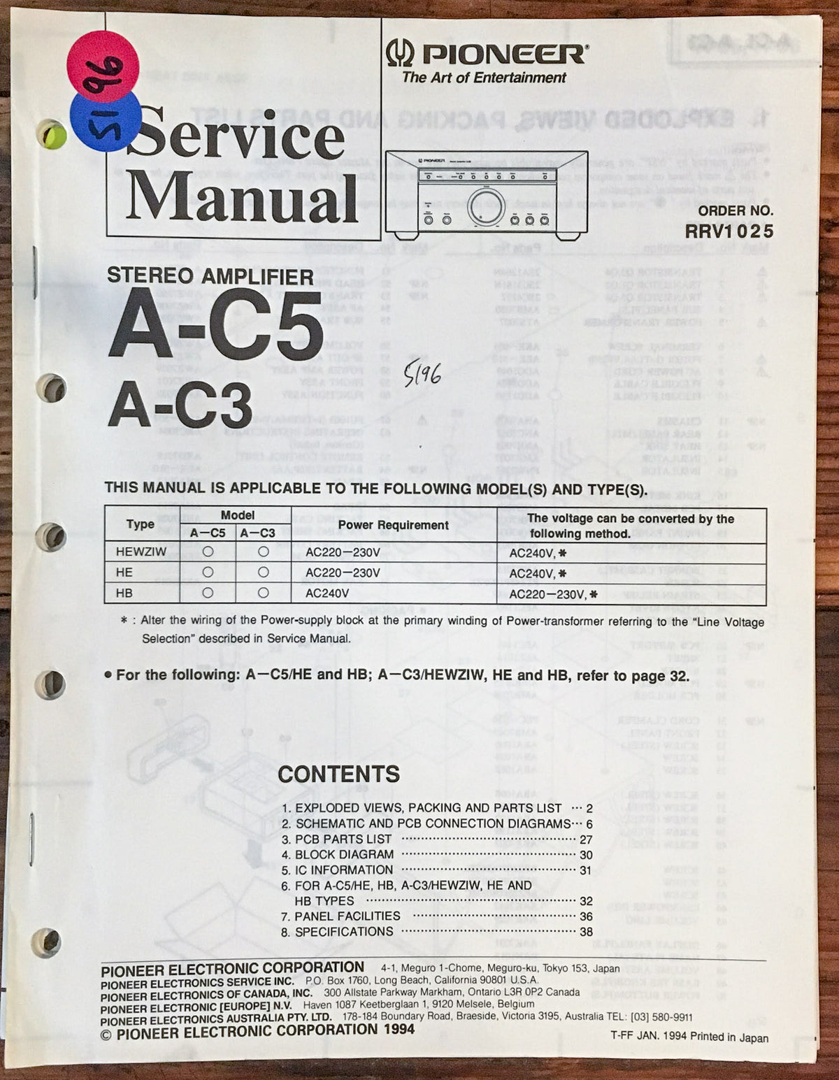 Pioneer A-C3 A-C5 Amplfier Service Manual *Original*