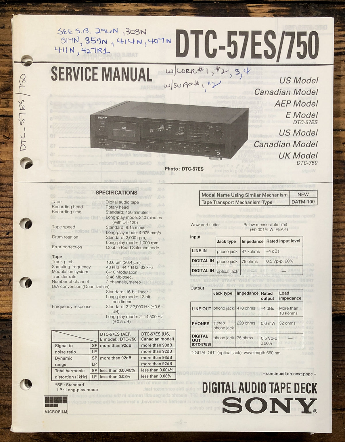Sony DTC-57ES DTC-750 DAT Tape Deck Service Manual *Original*
