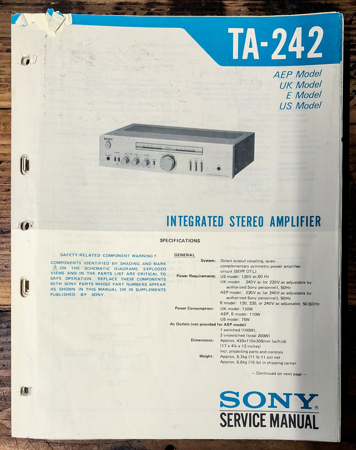 Sony TA-242 Amplifier Service Manual *Original*