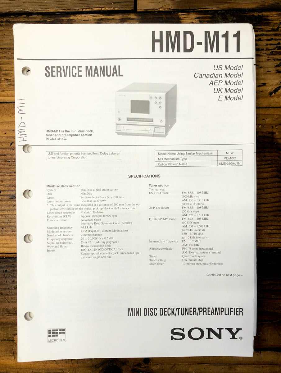 Sony MDS-M11 MD Stereo Service Manual *Original*