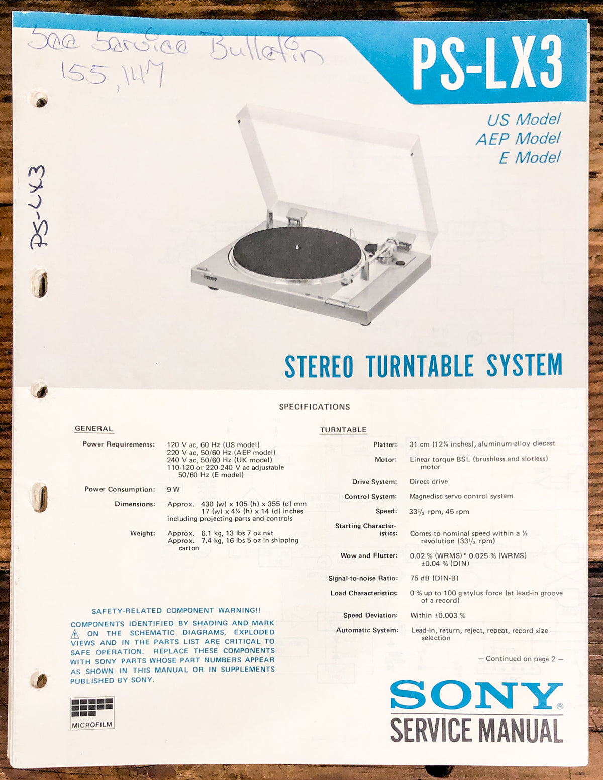 Sony PS-LX3 Record Player / Turntable Service Manual *Original*