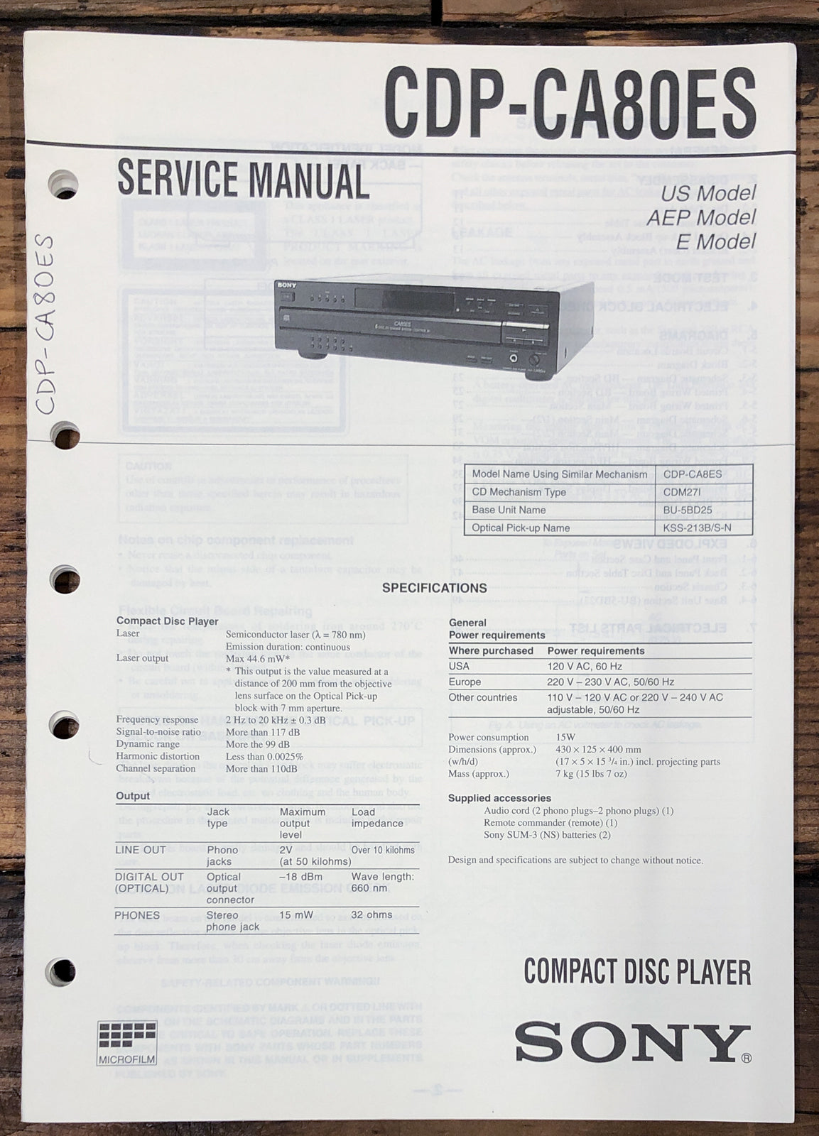 Sony CDP-CA80ES CD Player Service Manual *Original*