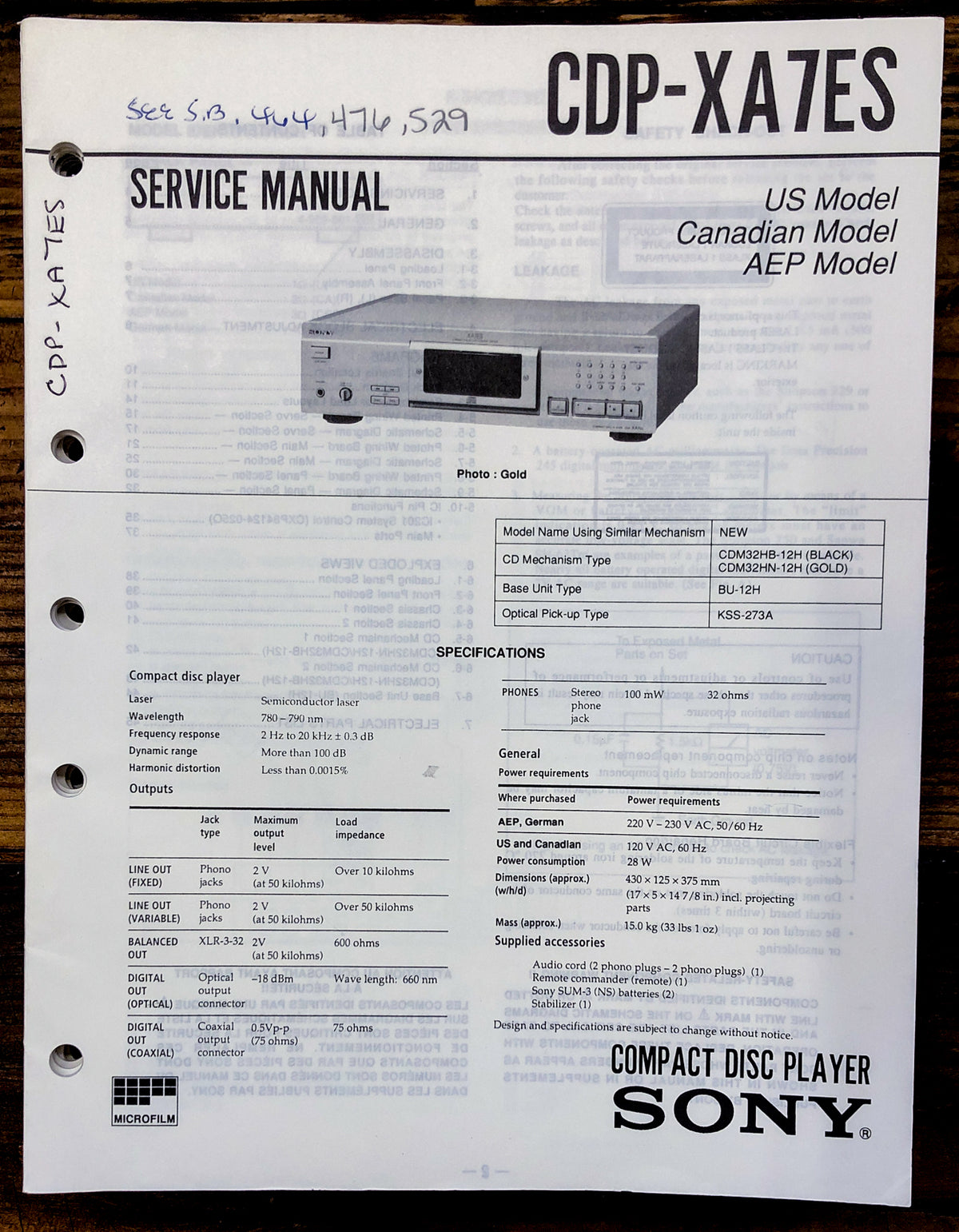 Sony CDP-XA7ES CD Player Service Manual *Original*