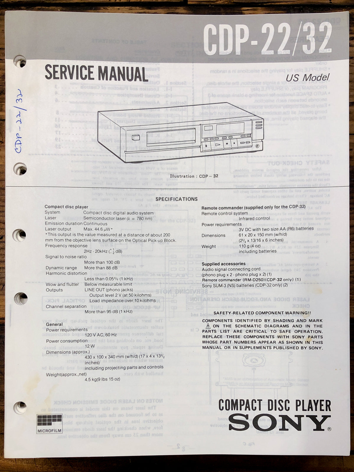Sony CDP-22 CDP-32 CD Player Service Manual *Original*