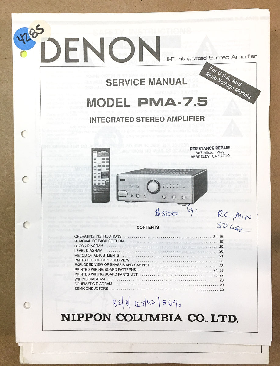 Denon PMA-7.5 Amplifier Service Manual *Original*