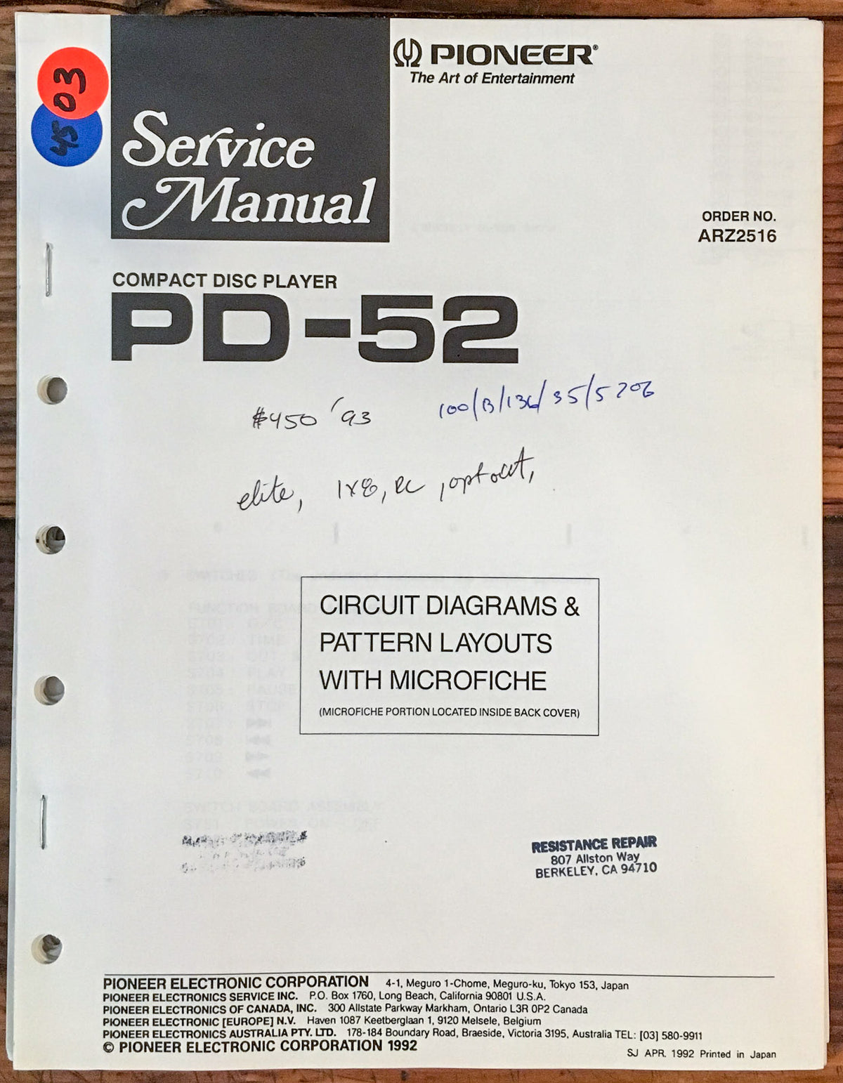 Pioneer PD-52 CD Player Service Manual *Original*