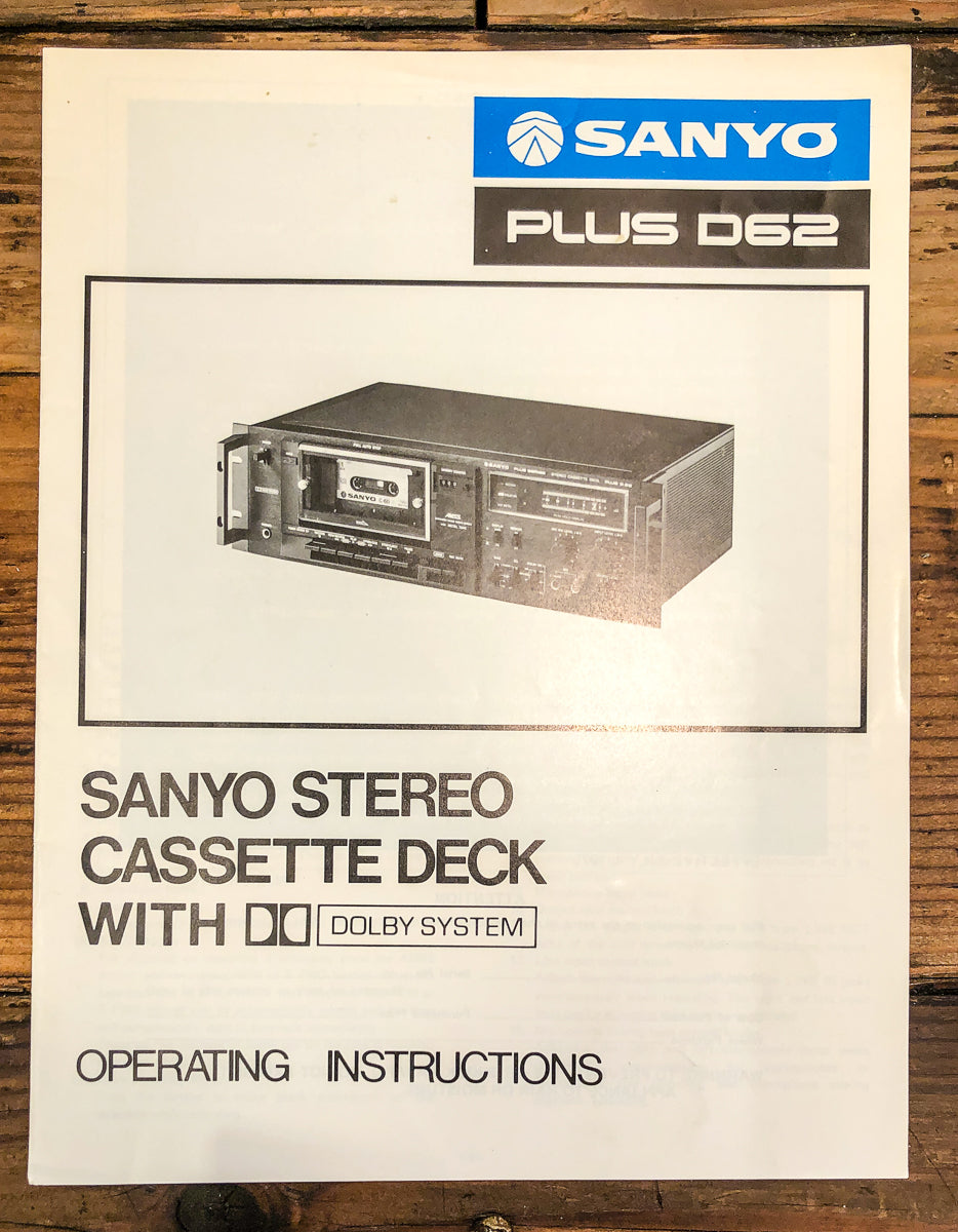 Sanyo Plus D62 Cassette Owners / User Manual *Original*