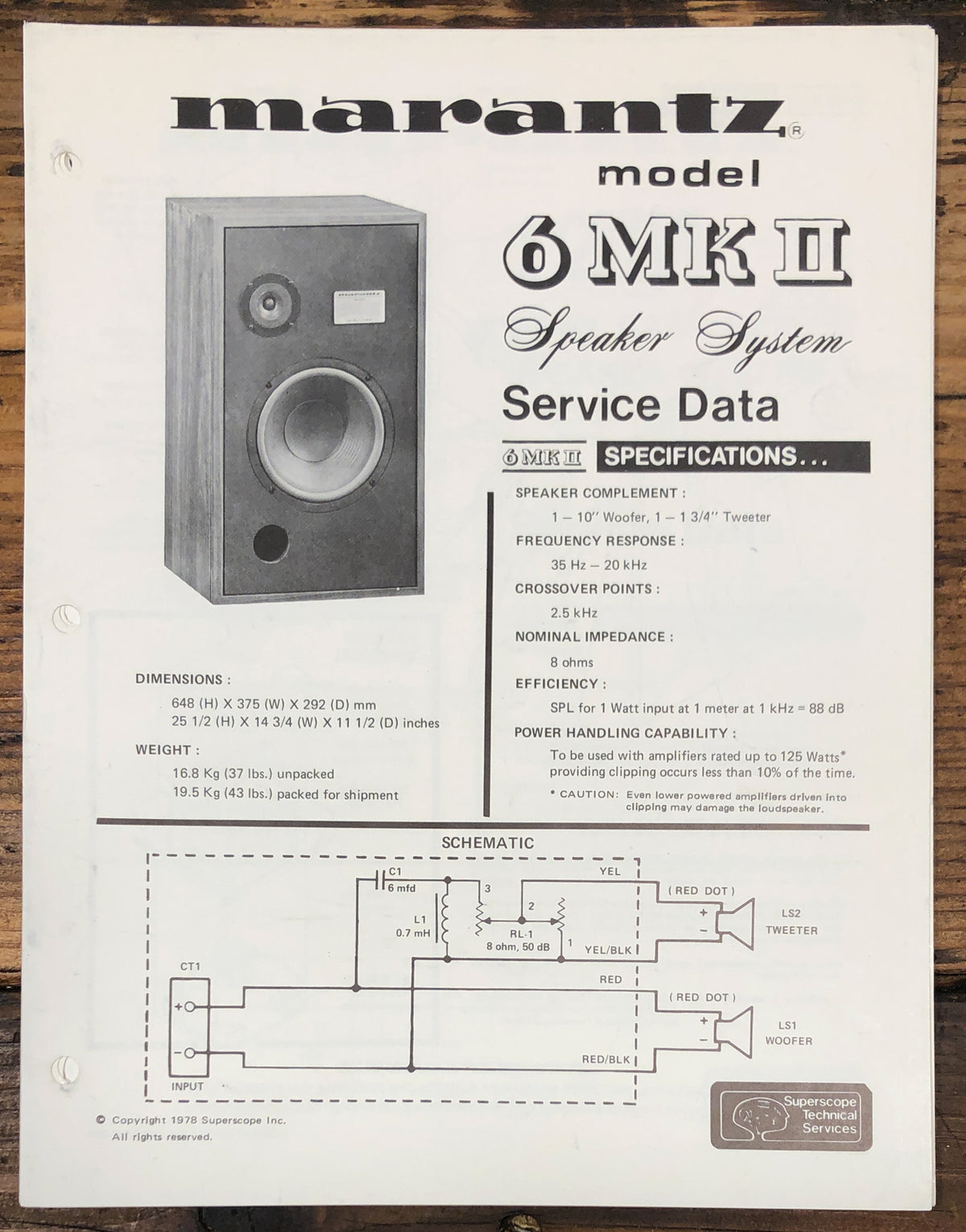 Marantz Model 6 MKII Speaker Service Data Sheet *Original*
